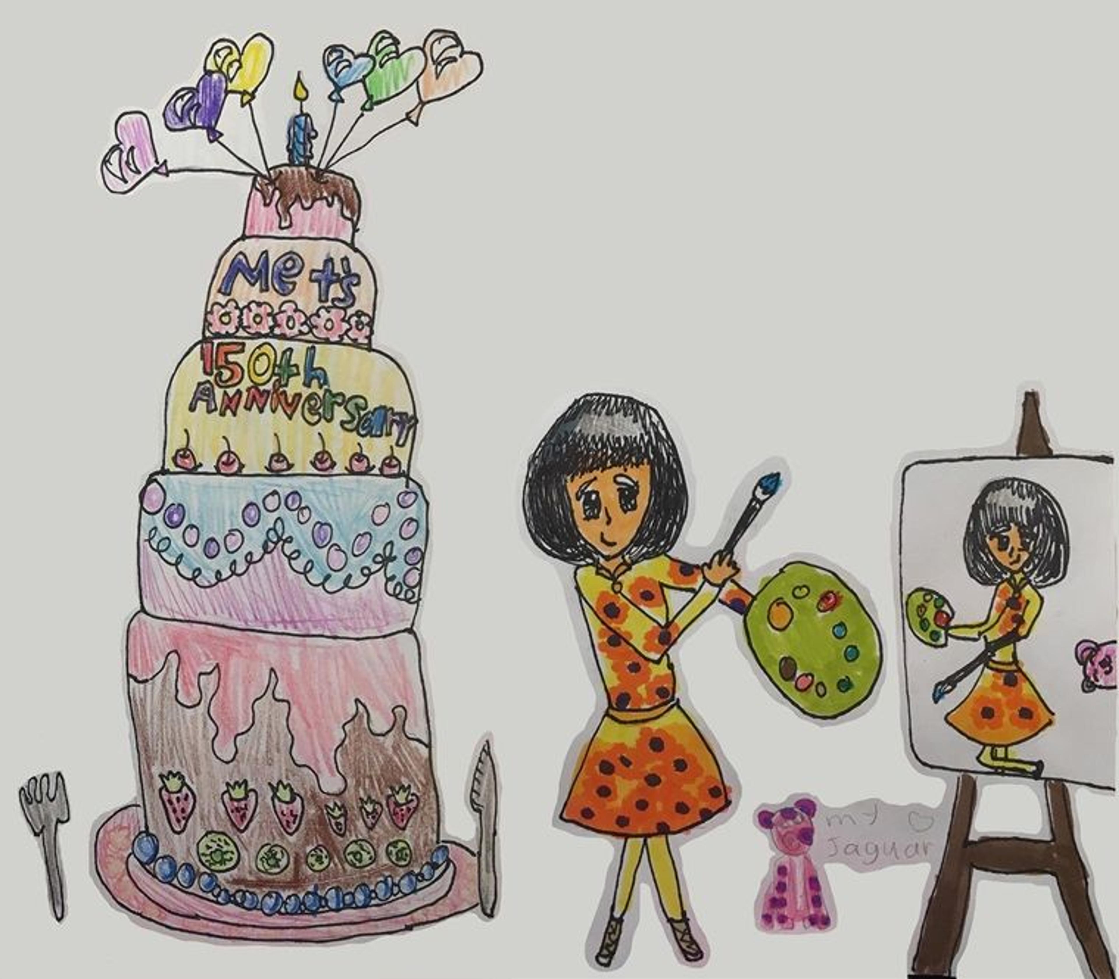 Left: A child's drawing of a towering five story cake. Right: a drawing of a child painting a self-portrait of herself and her pet jaguar doll.