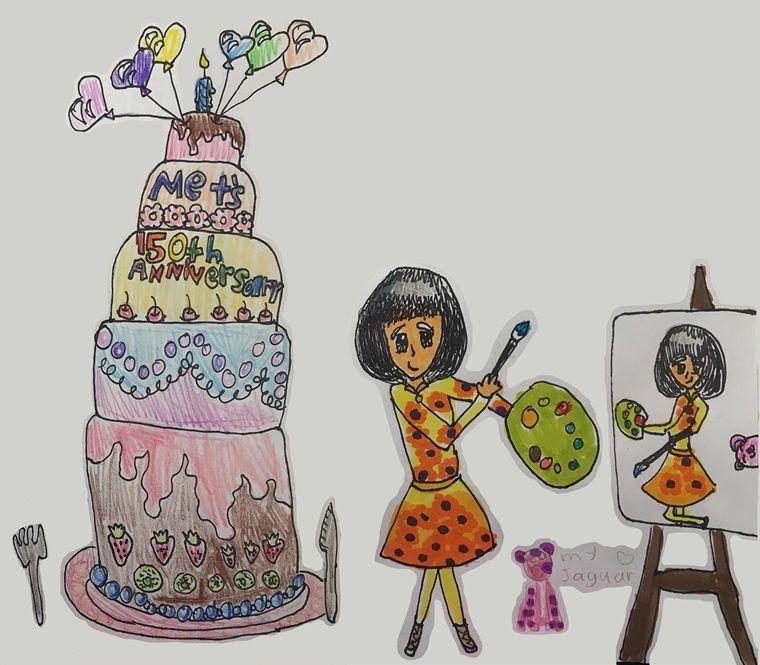 Left: A child's drawing of a towering five story cake. Right: a drawing of a child painting a self-portrait of herself and her pet jaguar doll.