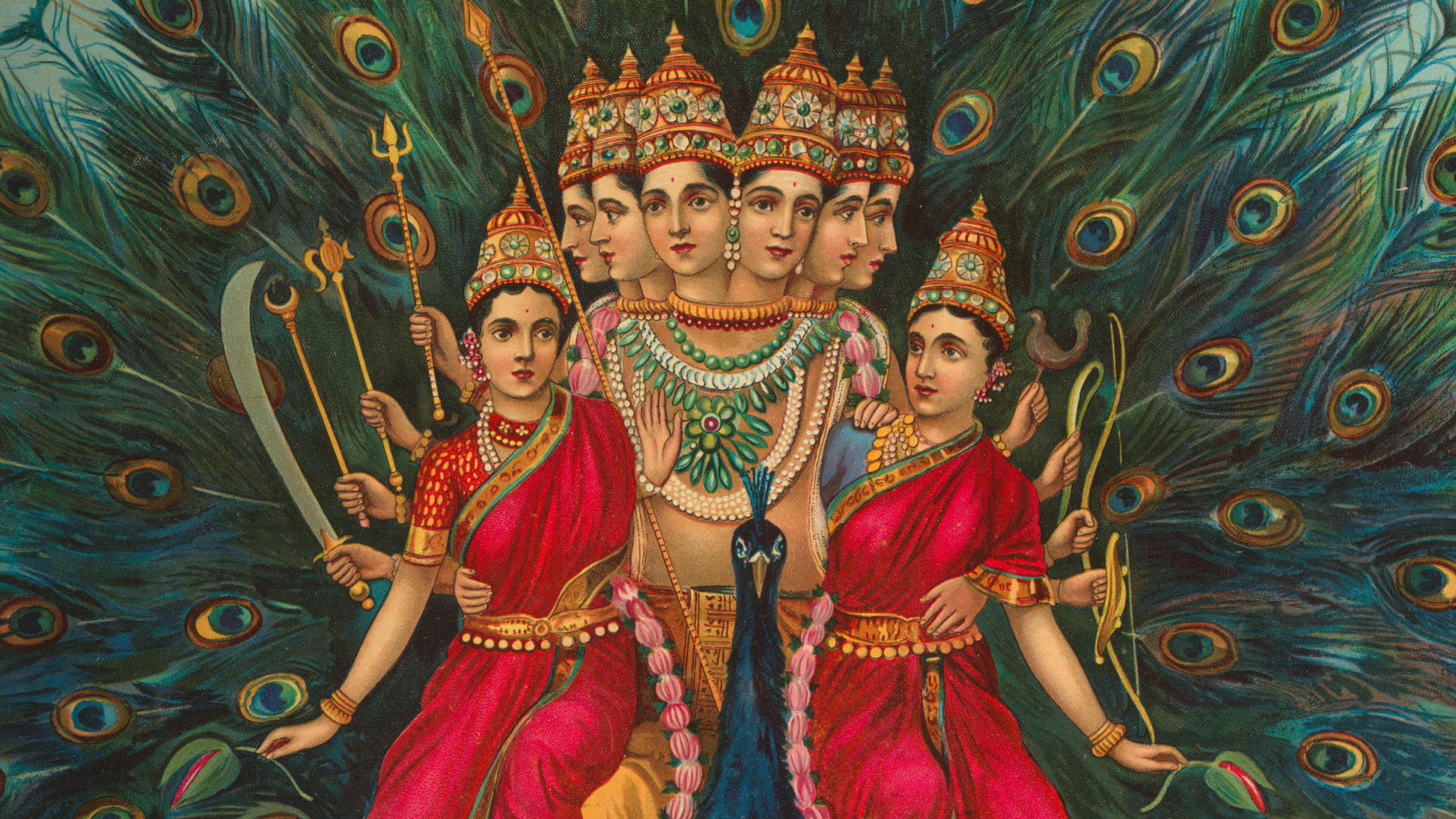 A vibrant depiction of a Hindu deity with six heads and twelve arms, each holding a weapon. He stands before a detailed peacock, surrounded by a majestic array of feathers.