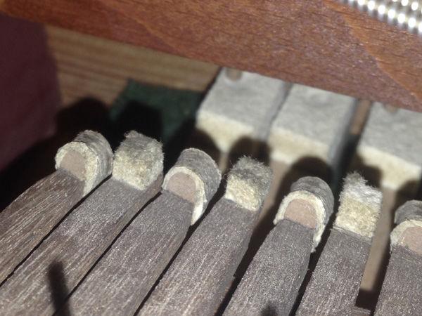 Detail view of the piano's hammer heads