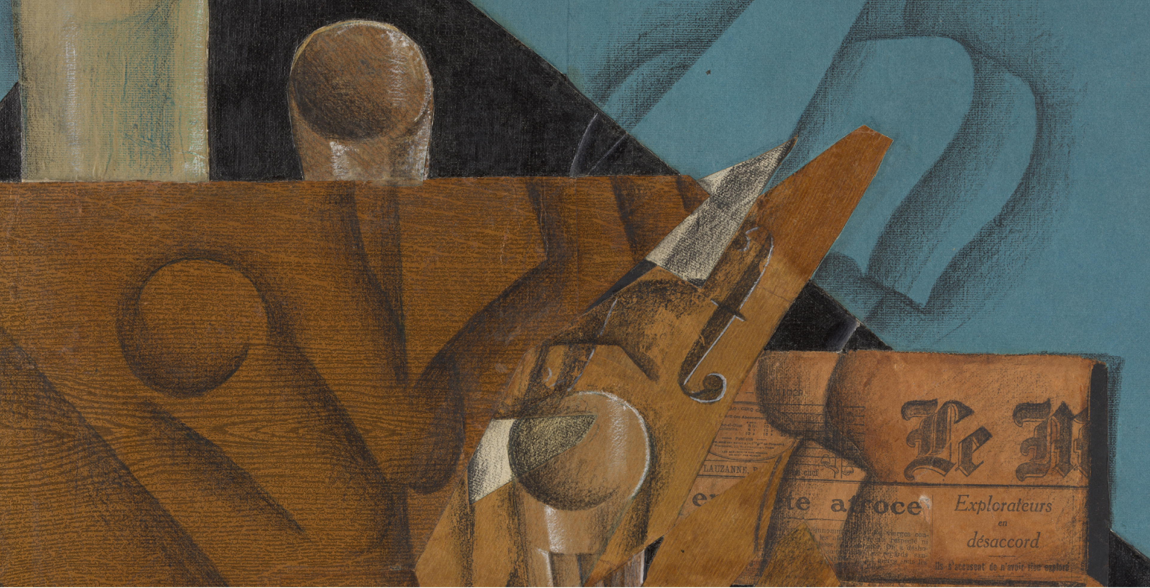 Cubist painting of a violin, sheet music, newspaper, wine bottle, and glasses in blue, black, tan, and white tones