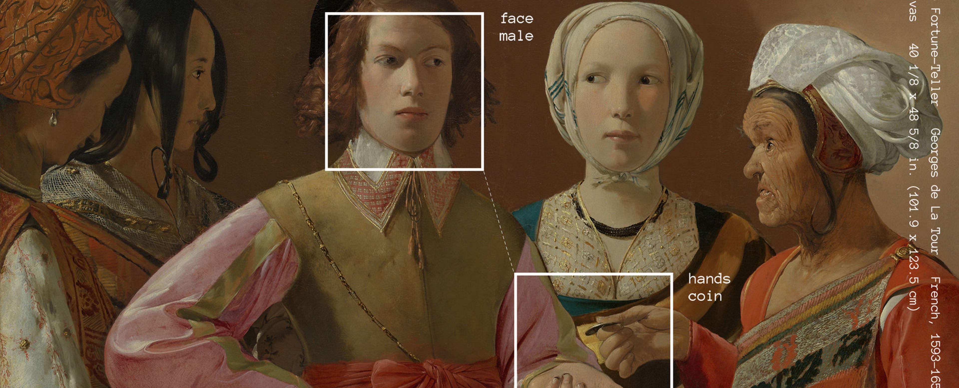 An oil painting of four women in Turkish clothing surrounding a young man, who has his arm outstretched for coins. Clean white boxes surround both his hand and face, with text describing what they are surrounding.