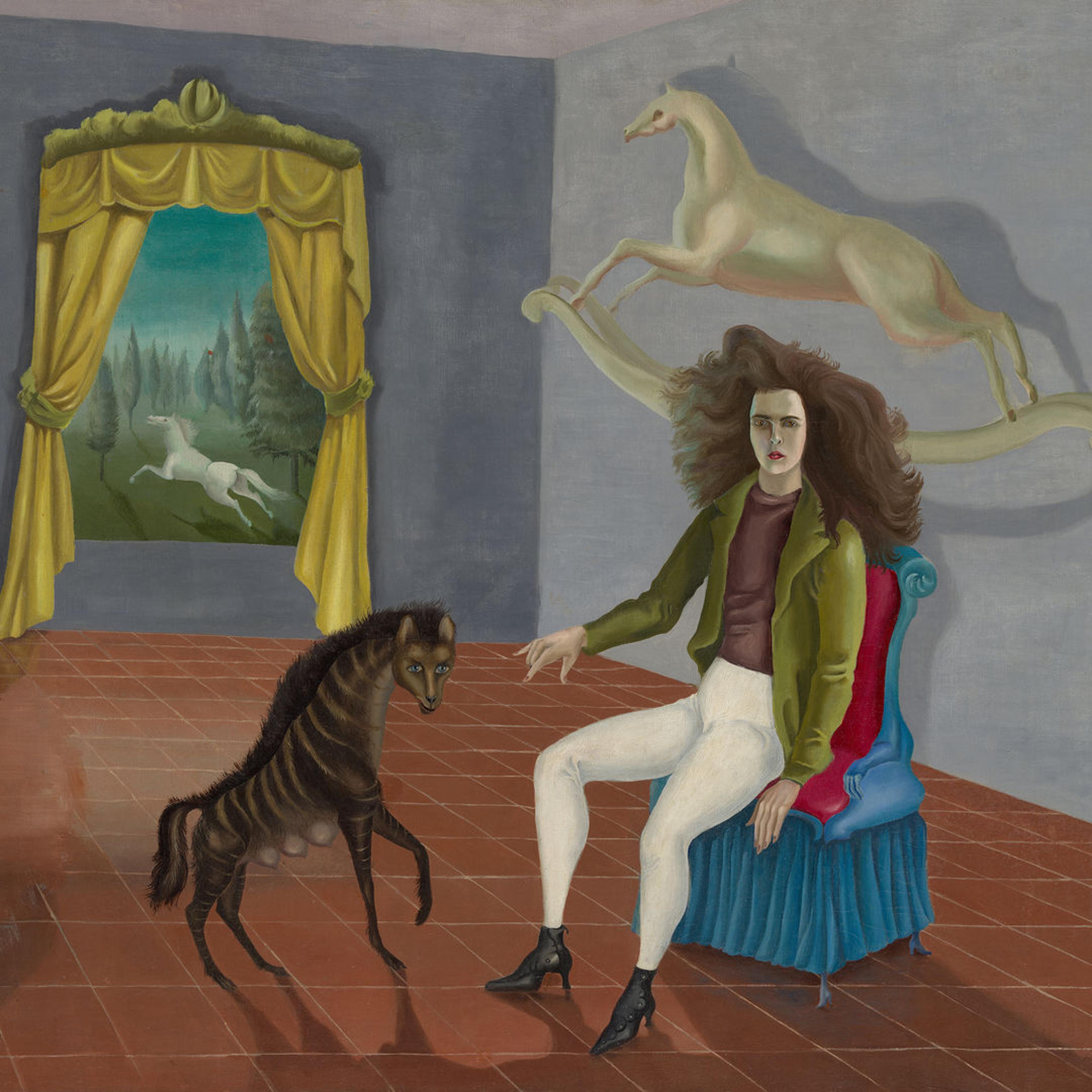 Detail of Leonora Carrington’s self-portrait of her sporting white jodhpurs and a wild mane of hair; she’s perched on the edge of a chair with her hand outstretched toward the prancing hyena and her back to two horses: a tailless white rocking horse flying behind her and a galloping white horse visible in a curtained window.