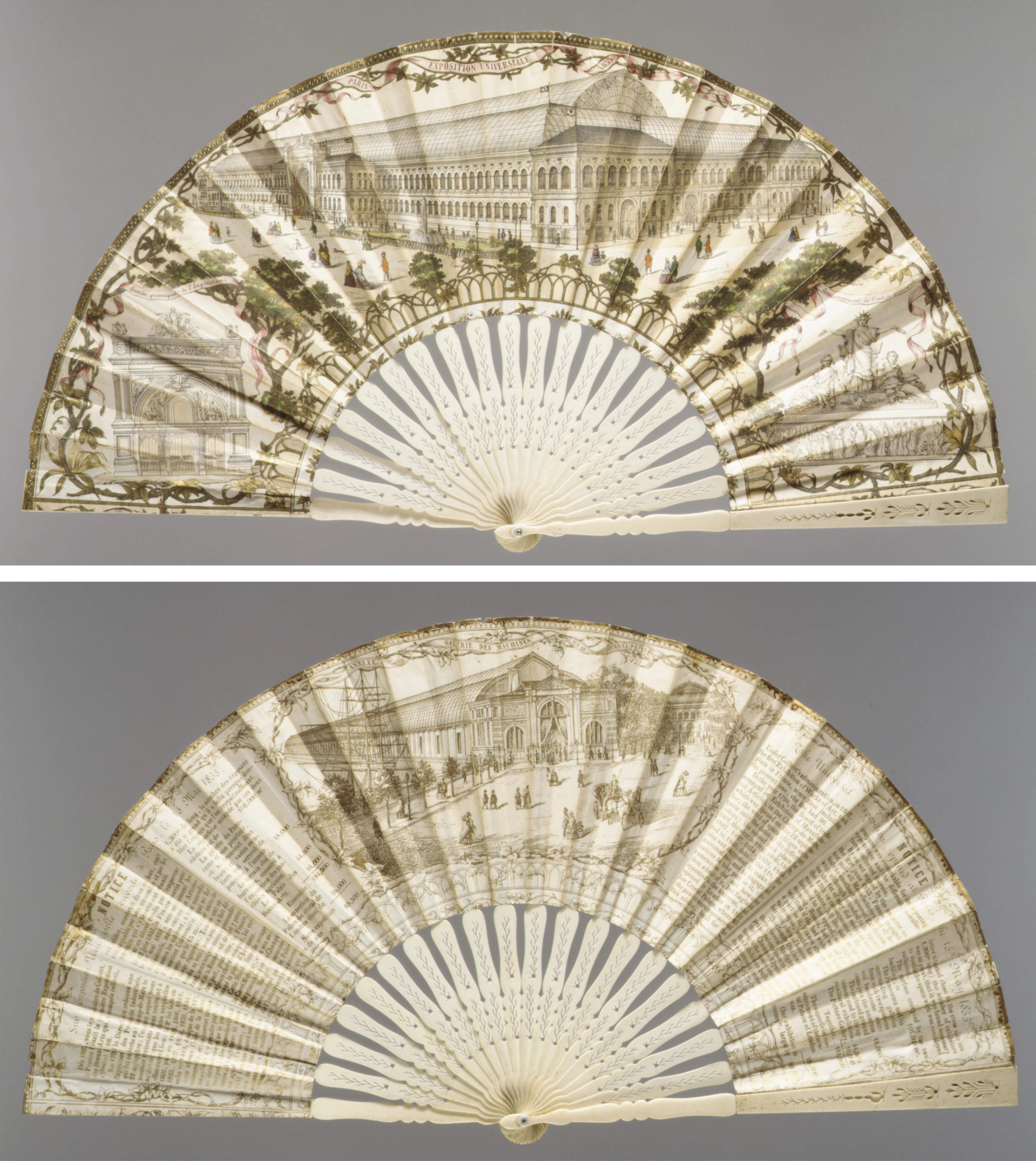 Two sides of a fan showing stately buildings in shades of beige.