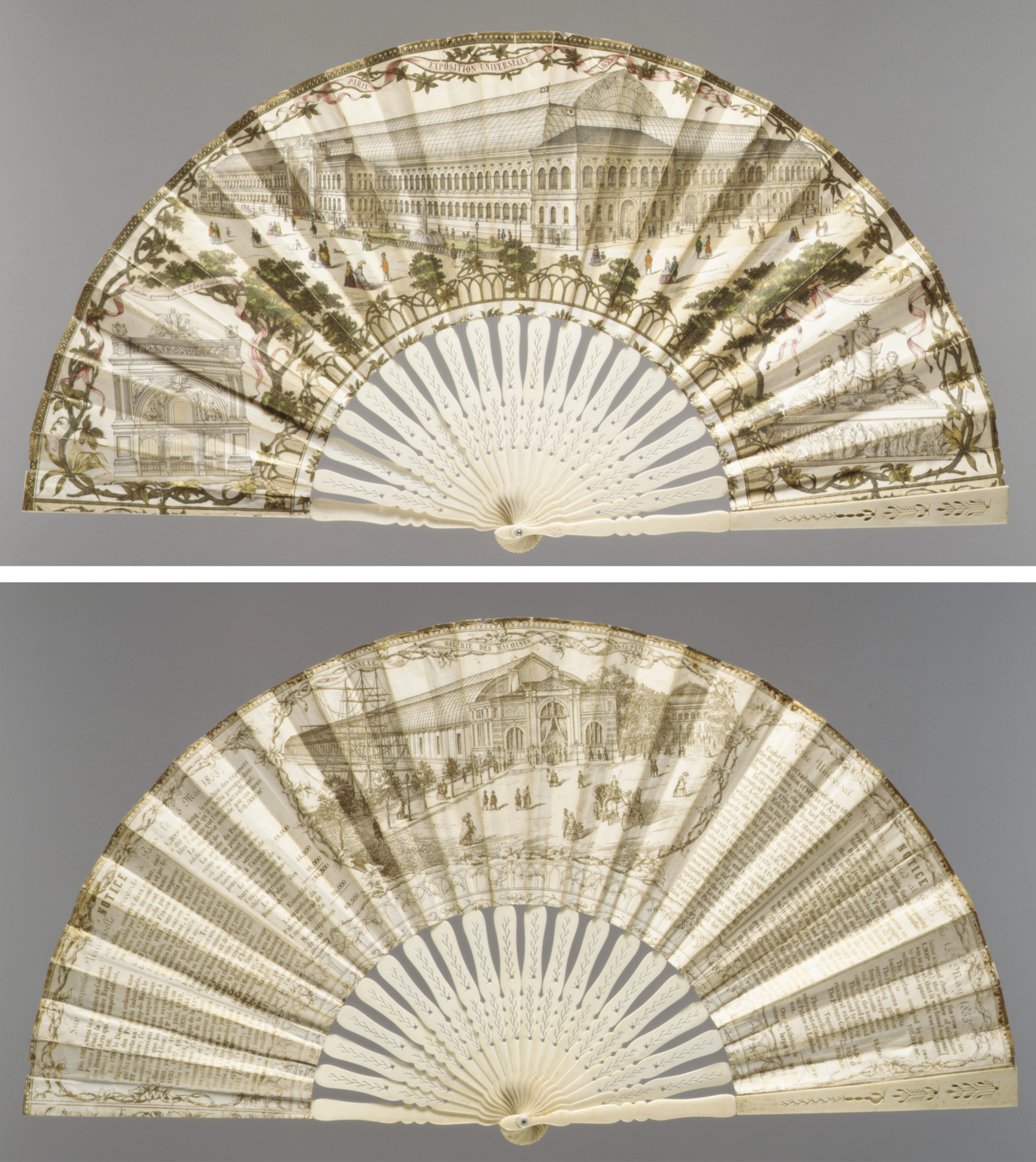 Two sides of a fan showing stately buildings in shades of beige.