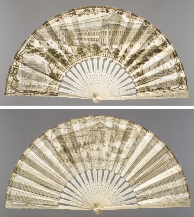 Two sides of a fan showing stately buildings in shades of beige.