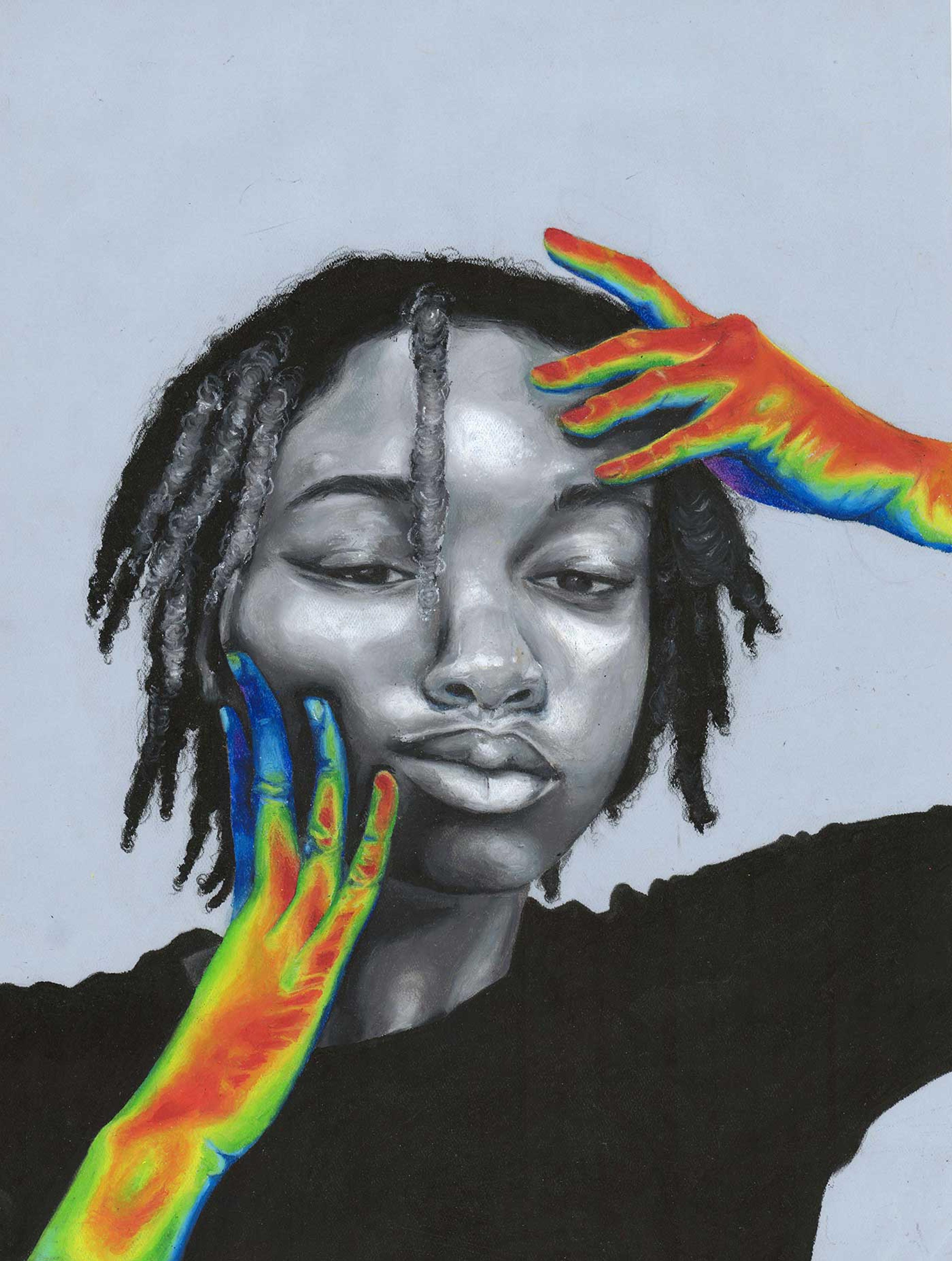 Painting of a girl in black and white with colorful hands.