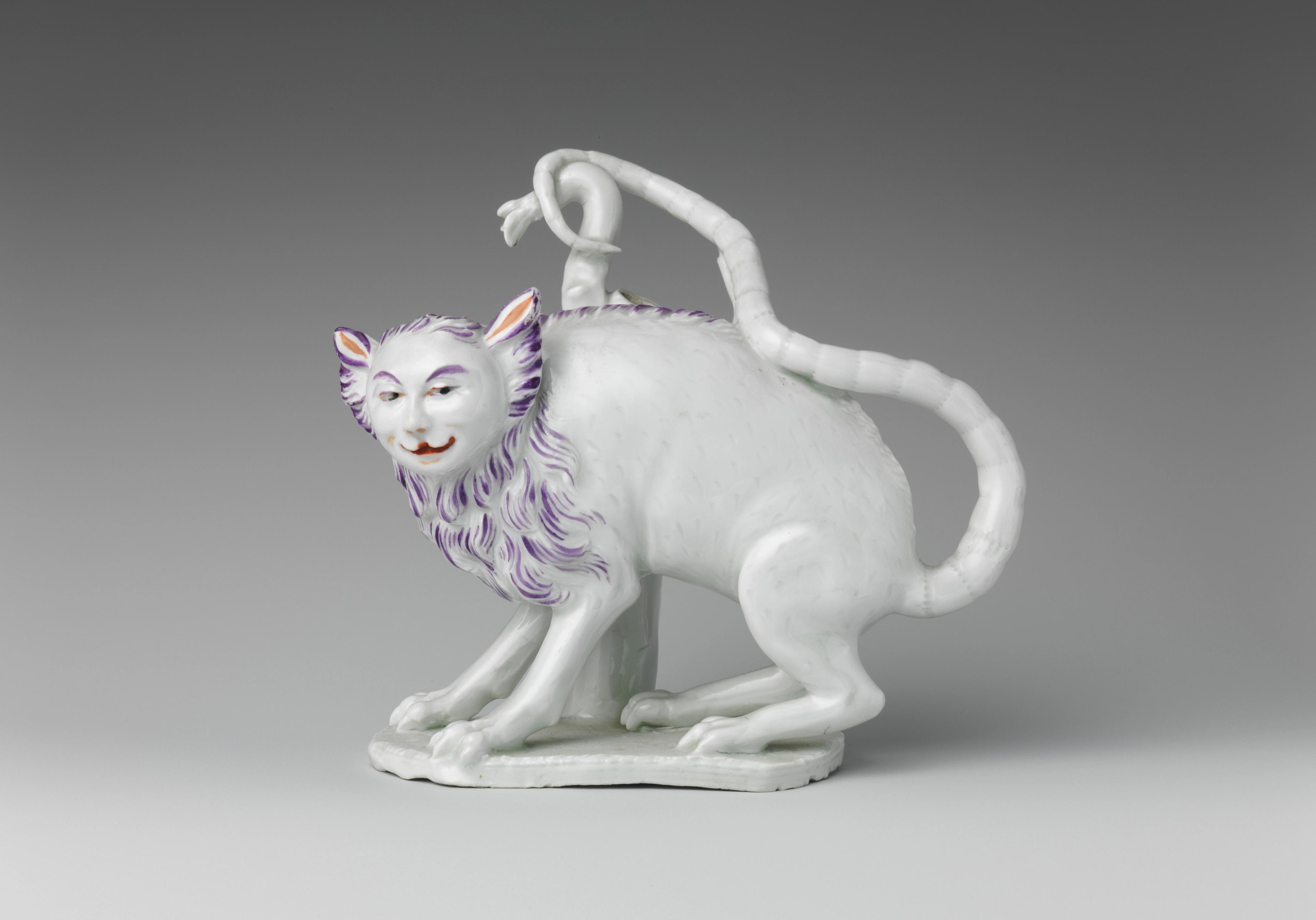 Porcelain sculpture of a lion-like creature with a curled tail and a mane streaked with purple accents.