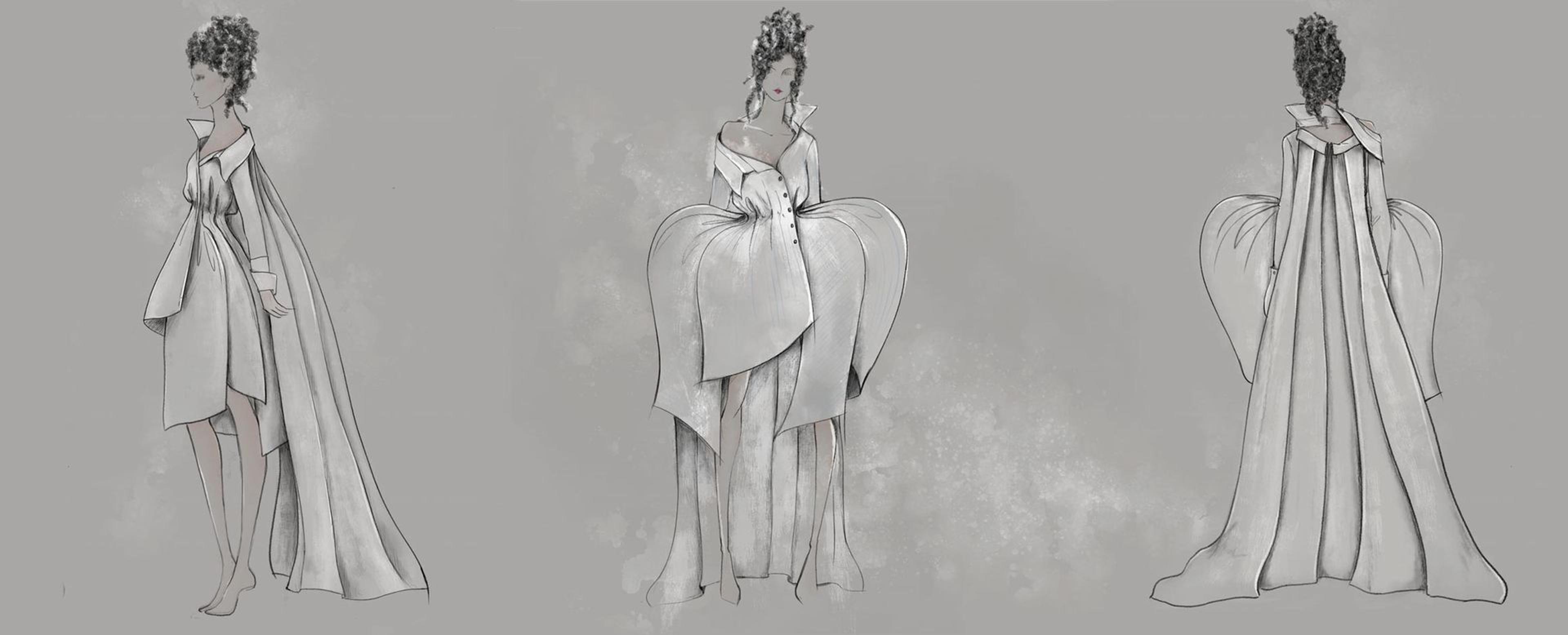Three sketches of Maryam Almasi's winning dress design
