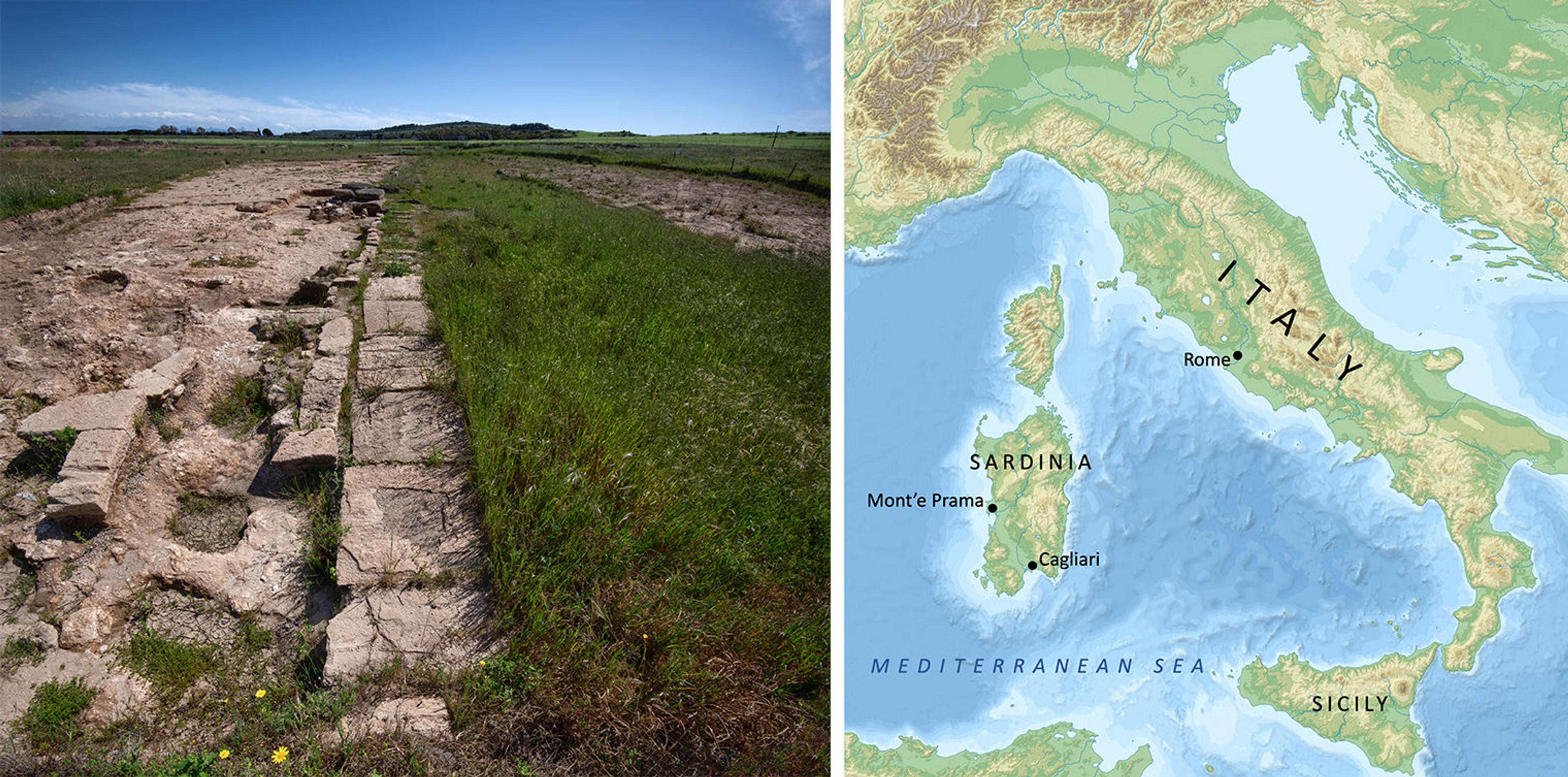 Map of Italy with Sardinia and Mont'e Prama.