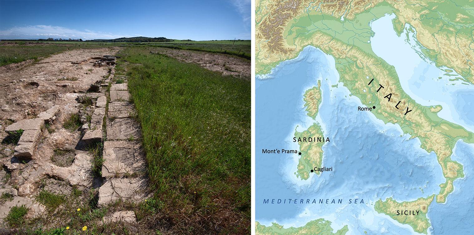 Map of Italy with Sardinia and Mont'e Prama.