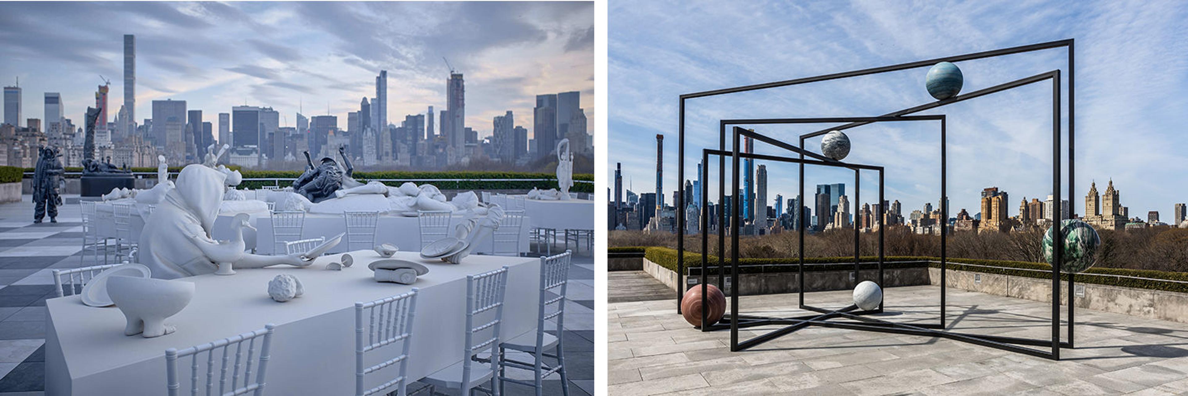 Installation views of the Villas Rojas Roof Garden on the left and an installation view of the Alicia Kwade Roof Garden on the right.