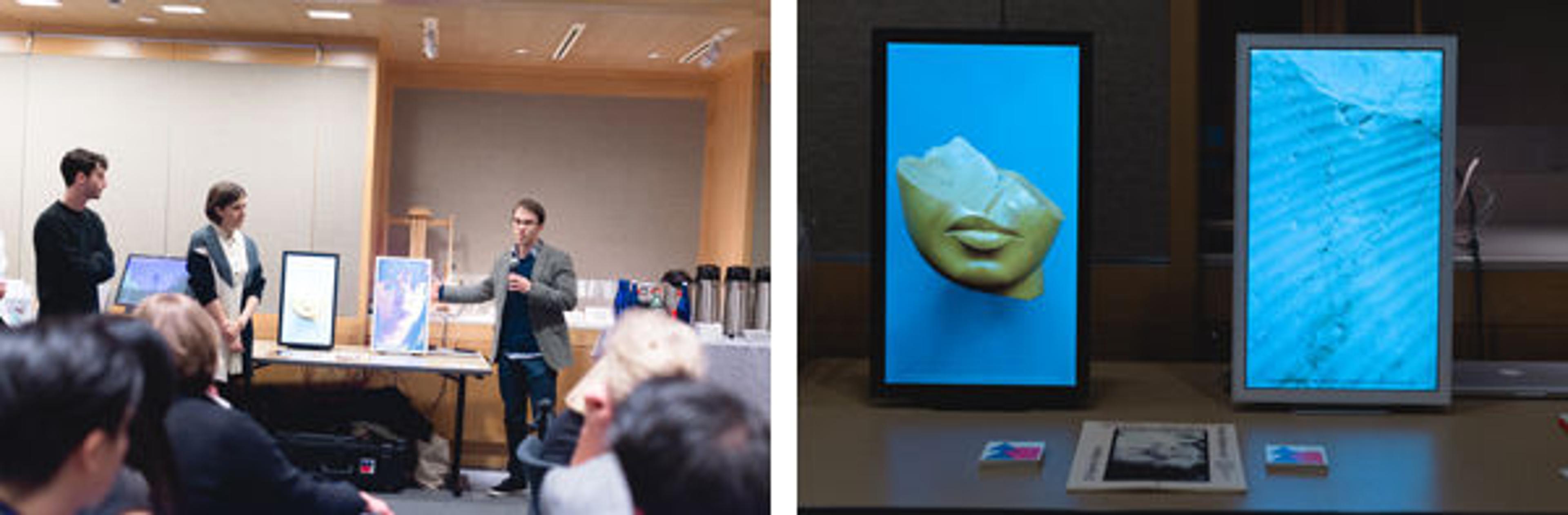 Left: Jake Levine and Zoe Salditch demonstrate the Electric Objects Digital Art Display Electric Objects' digital screen. Right: The screen is designed to display art from the internet onto your wall