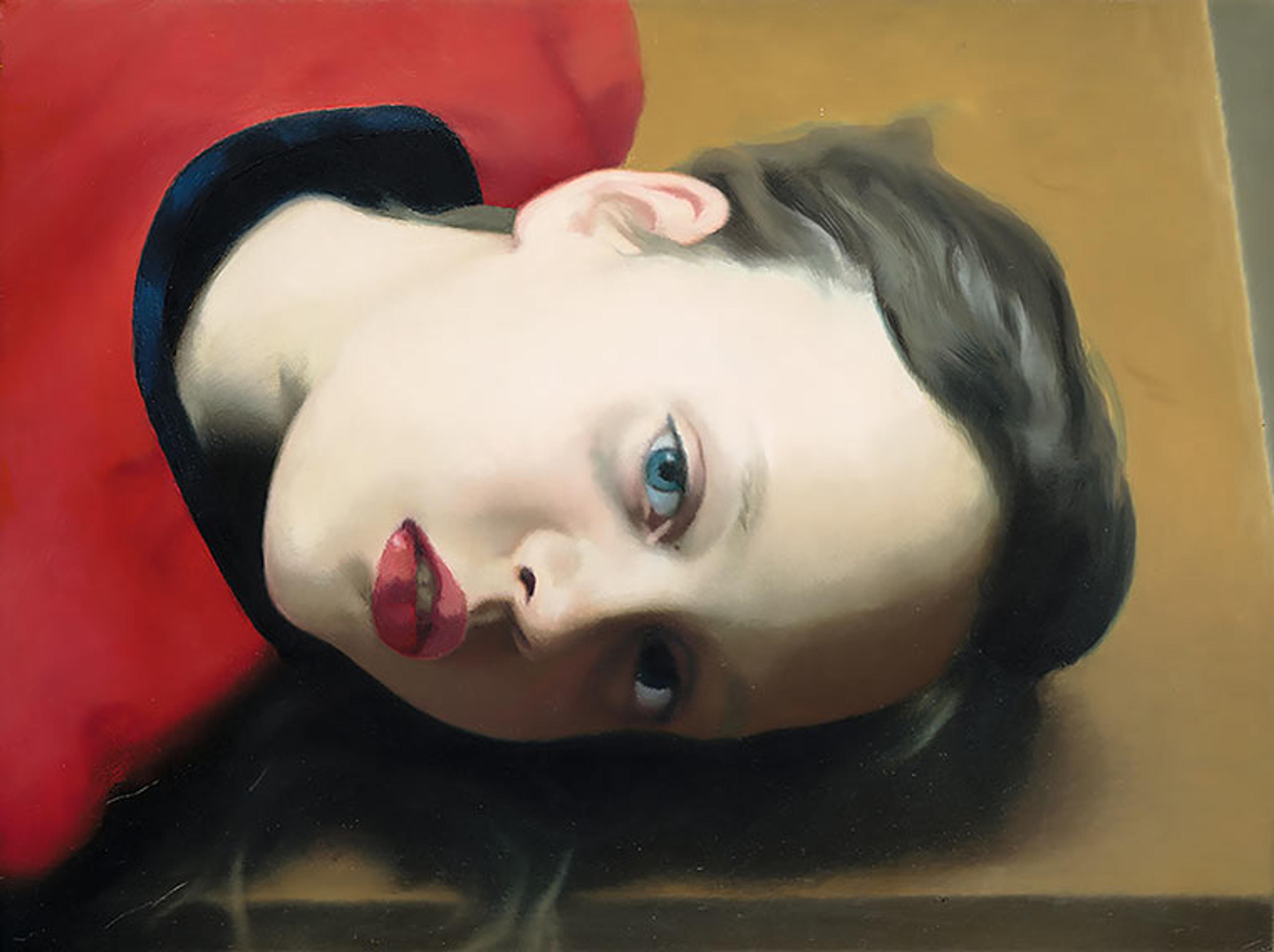 An oil painting of the face of a young girl who is wearing a red t-shirt.