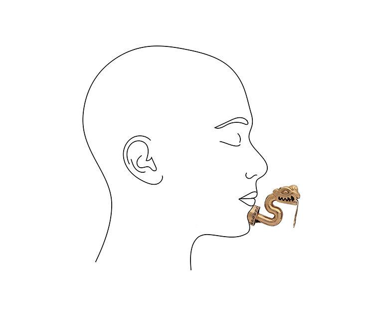 The serpent labret shown on a line drawing of a face.