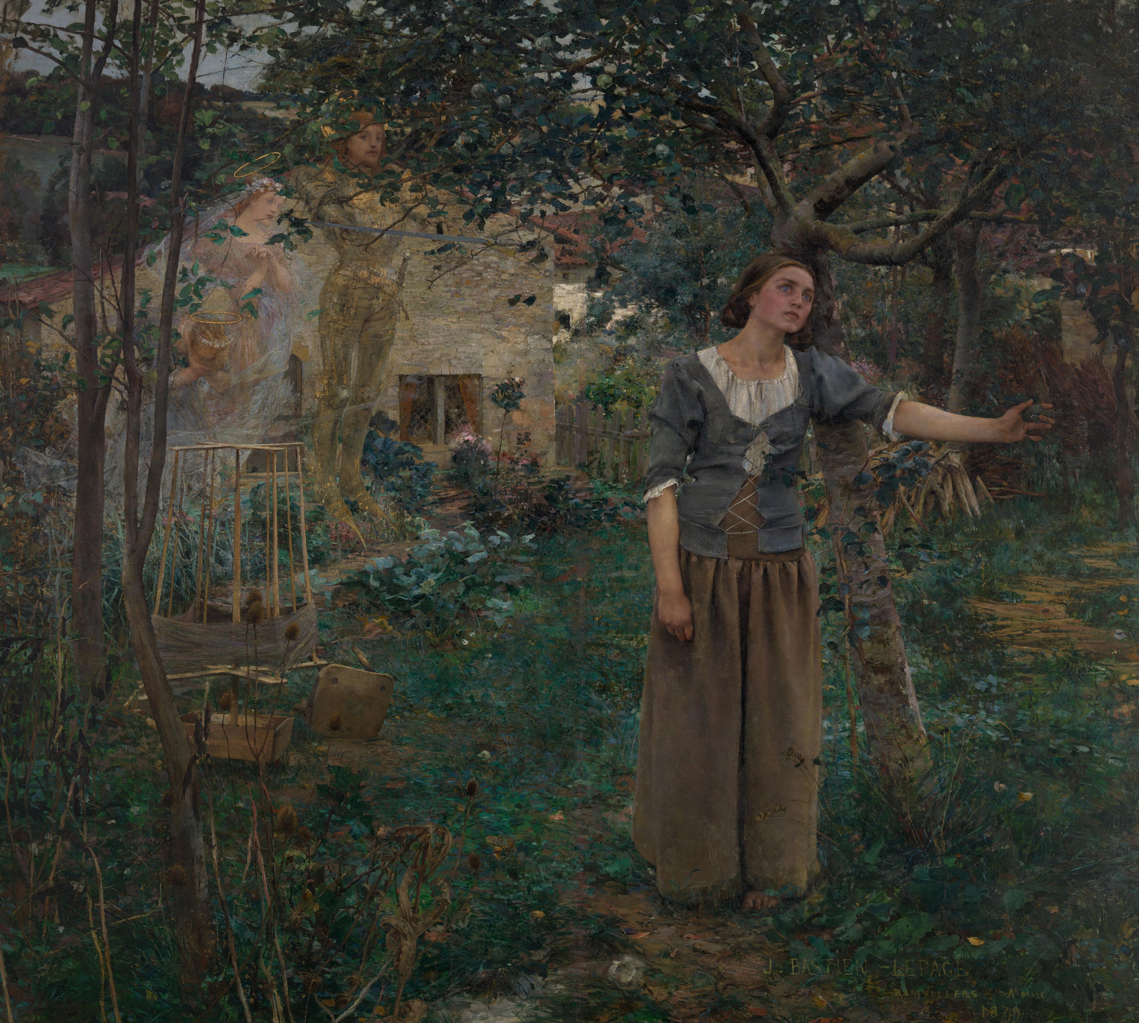 Painting of a young woman standing in a garden, leaning on a tree with a distant, contemplative expression, while faint, haloed figures appear behind her near a small house.