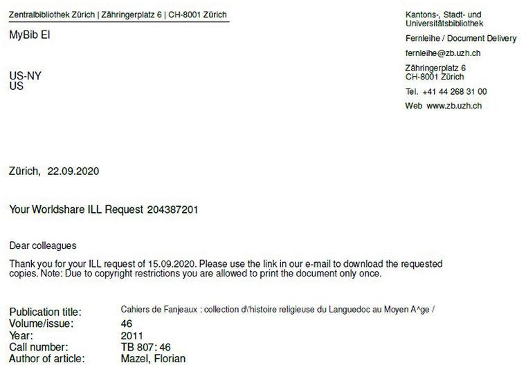 Delivery receipt for a loaned book