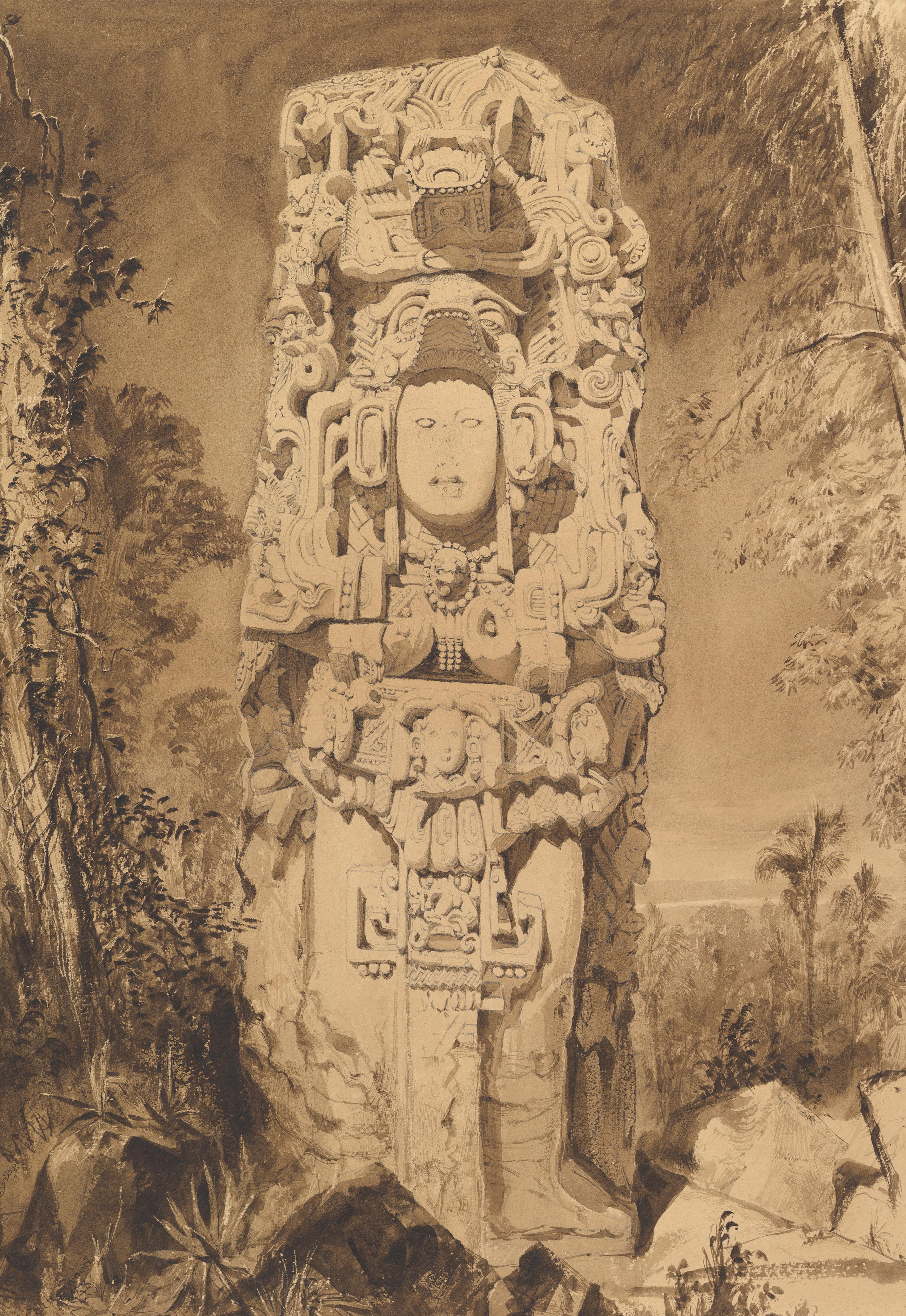 A sepia-hued photorealistic ink drawing of an ornate stone statue of a female figure.