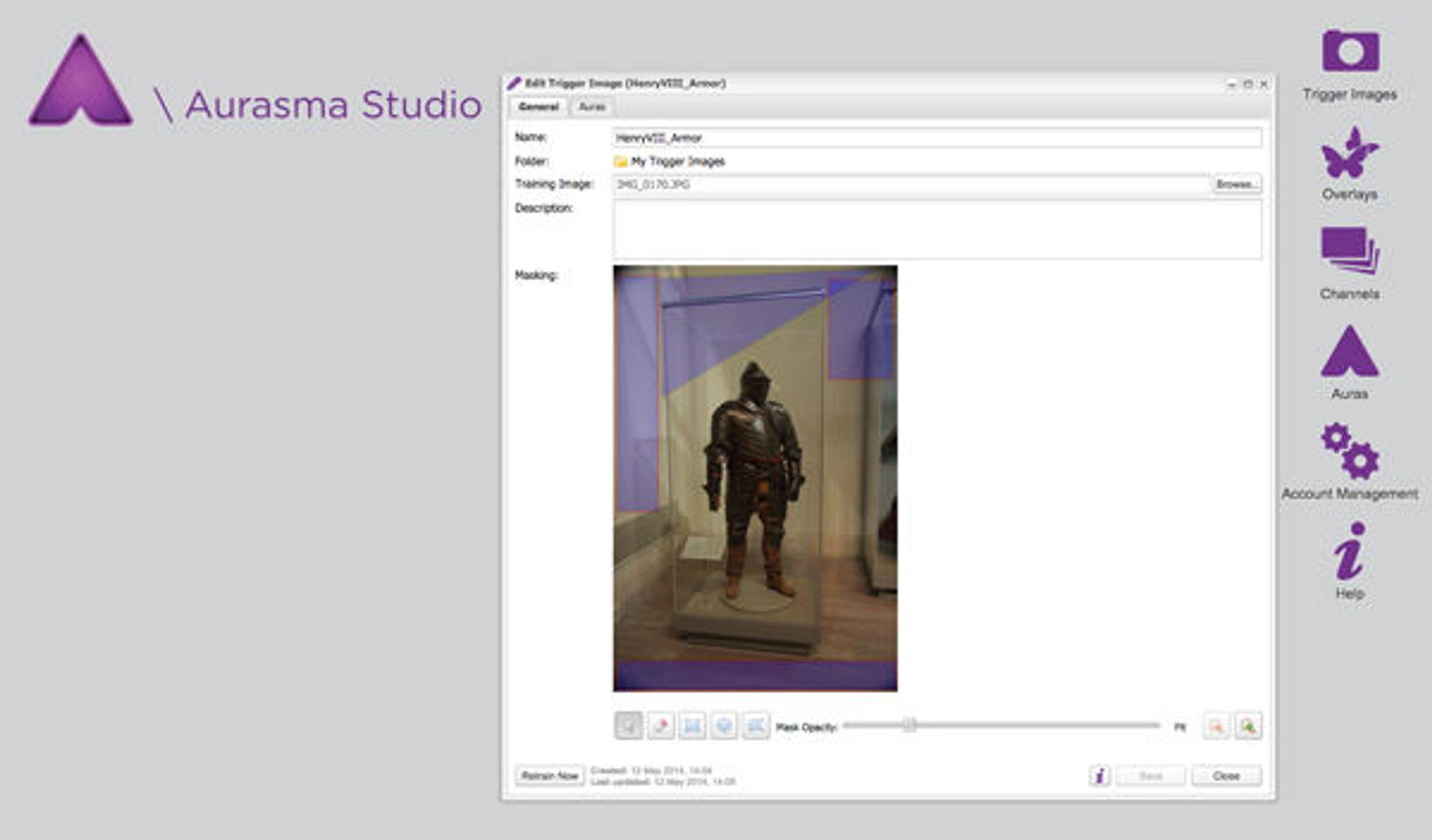 The Aurasma Studio workspace: editing and masking a trigger image