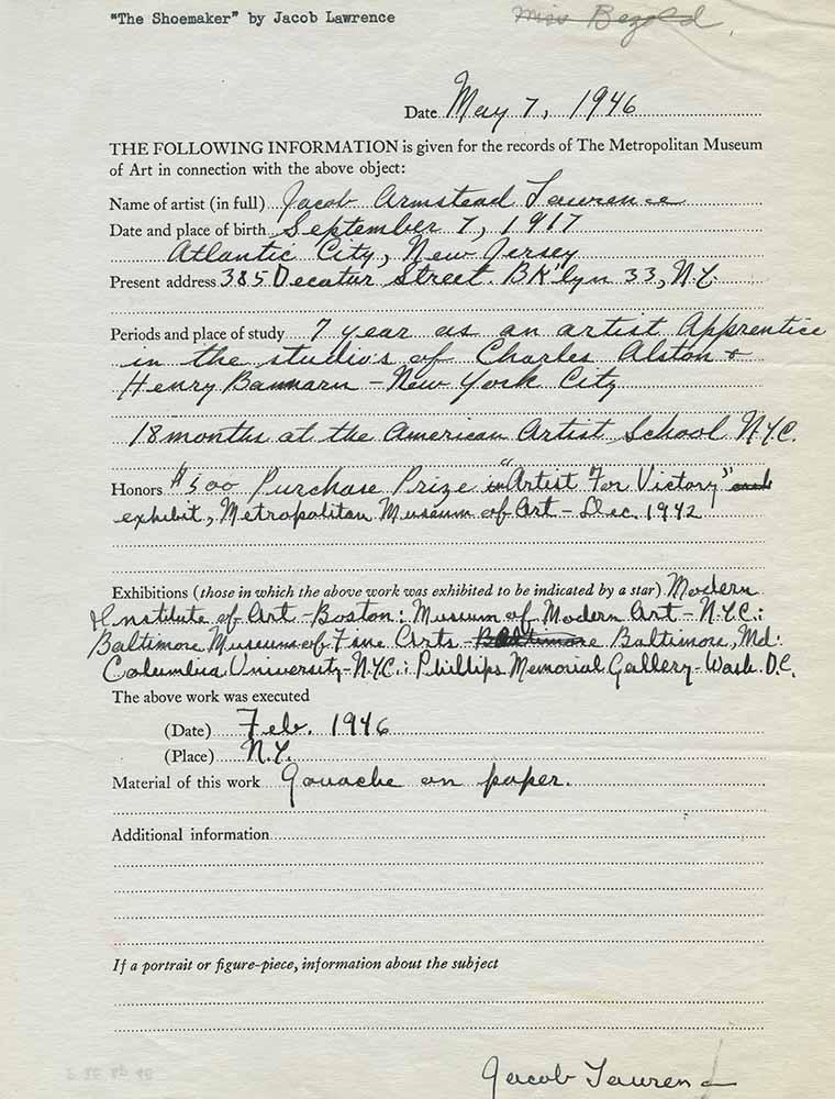 An intake form filled out by artist Jacob Lawrence