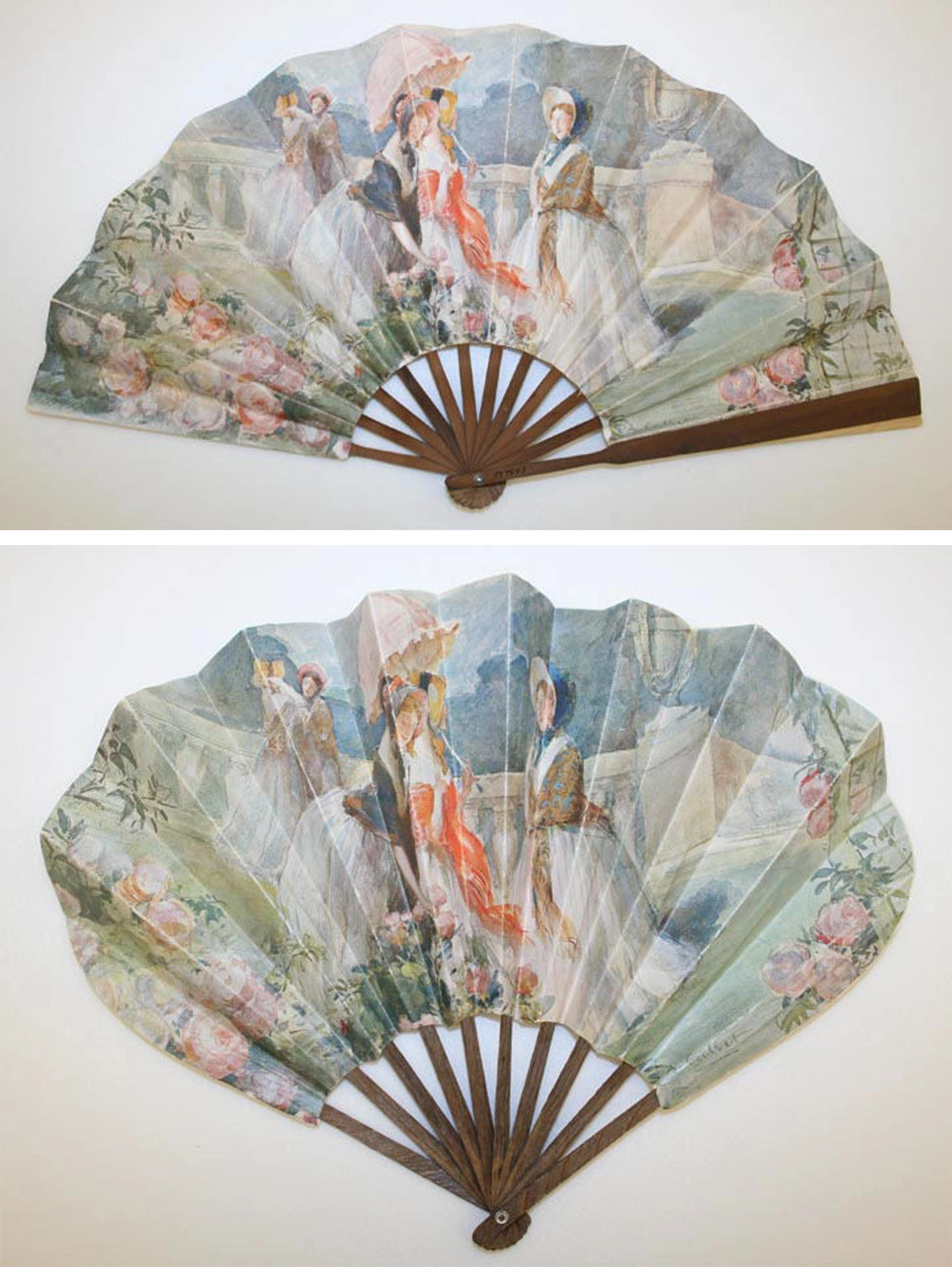 Two fans with different shapes, showing the same design of women socializing under parasols amidst flowers. The versos of each fan show the source.