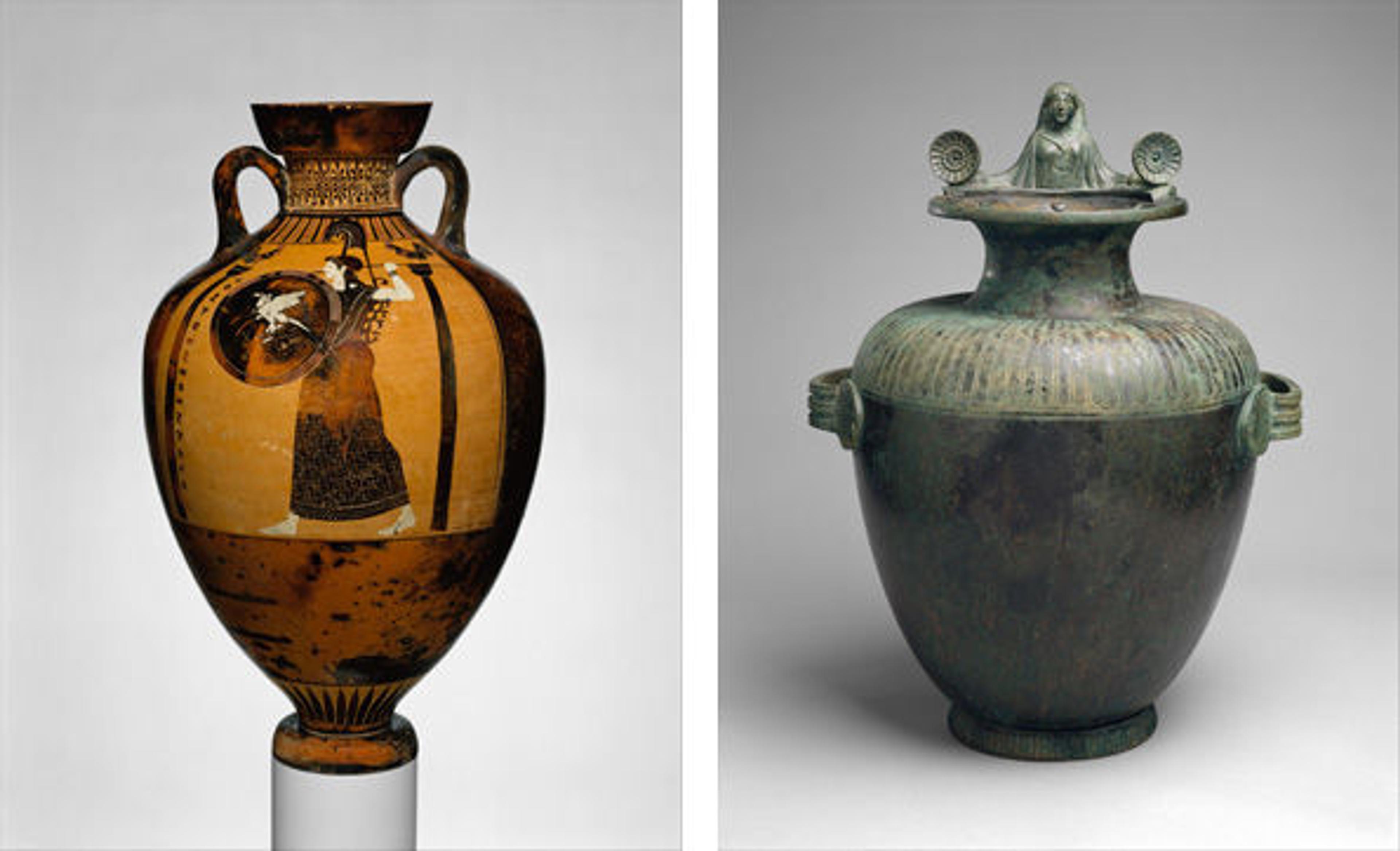 Left: Panathenaic Prize Amphora, Greek; Right: Hydria (Water Jar), Greek