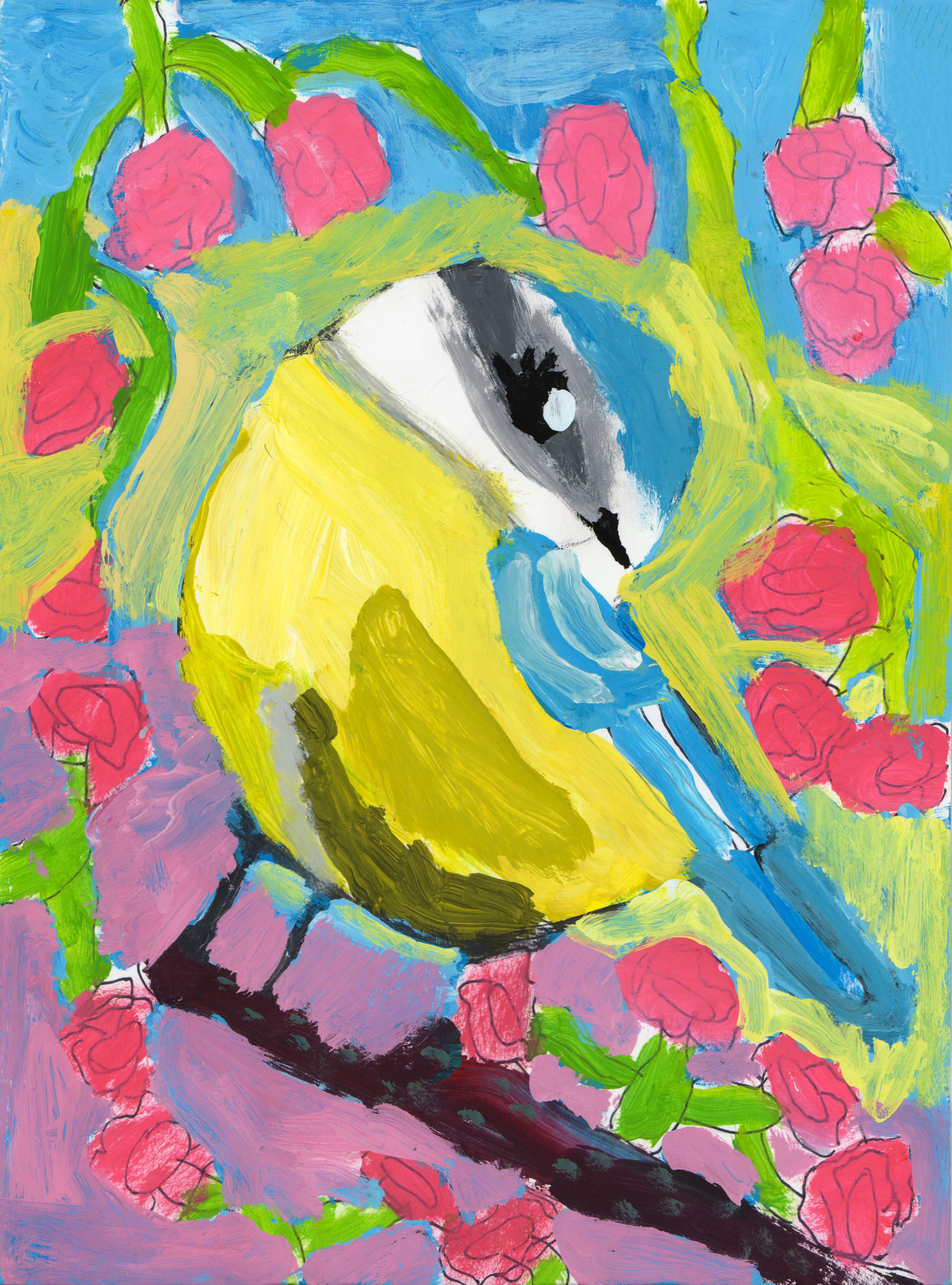 Sharpie-and-tempera illustration of a bird resembling a green jay, with a yellow chest, blue wings, blue head, and a white face adorned with black fringes. The bird is perched on a dark branch and is peering behind its back, over its left shoulder. The bird is painted in thick strokes, and is surrounded by a decorative array of pink roses on green stems. The top background is blue and the bottom background is purple.