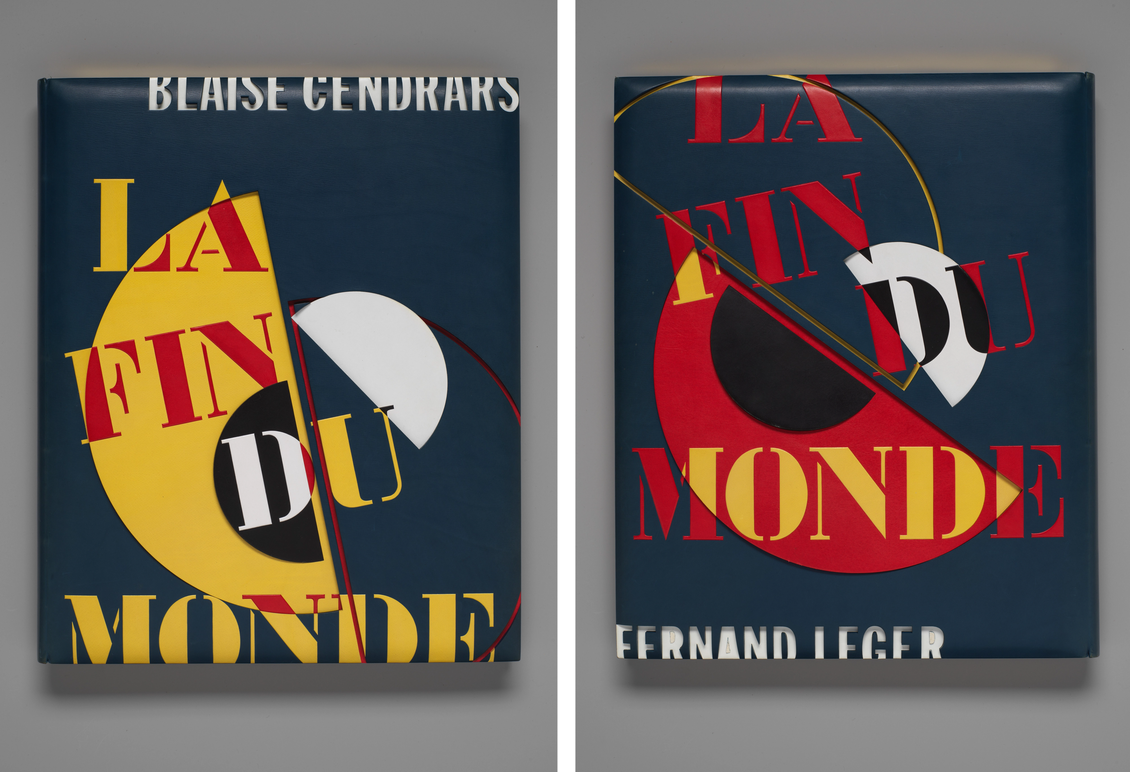 The front and back covers of La Fin du monde, with bold yellow and red, dark blue, and white shapes emphasizing the blocky relief of the book's title.