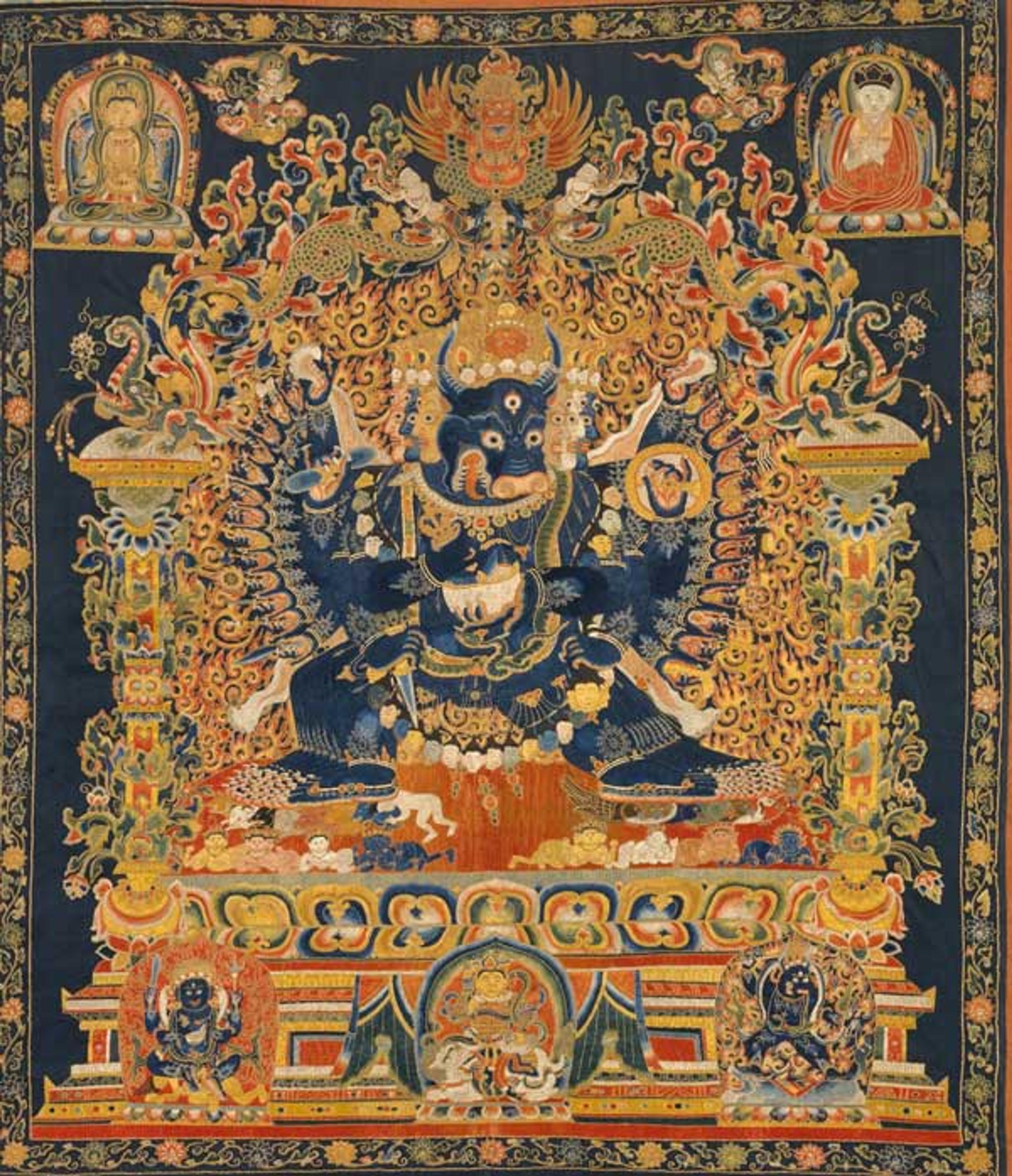 Vajrabhairava, early 15th century. Ming dynasty (1368–1644). China. Embroidery in silk, metallic thread, and horsehair on silk satin; 57 1/2 x 30 in. (146.1 x 76.2 cm). The Metropolitan Museum of Art, New York, Purchase, Lila Acheson Wallace Gift, 1993 (1993.15)