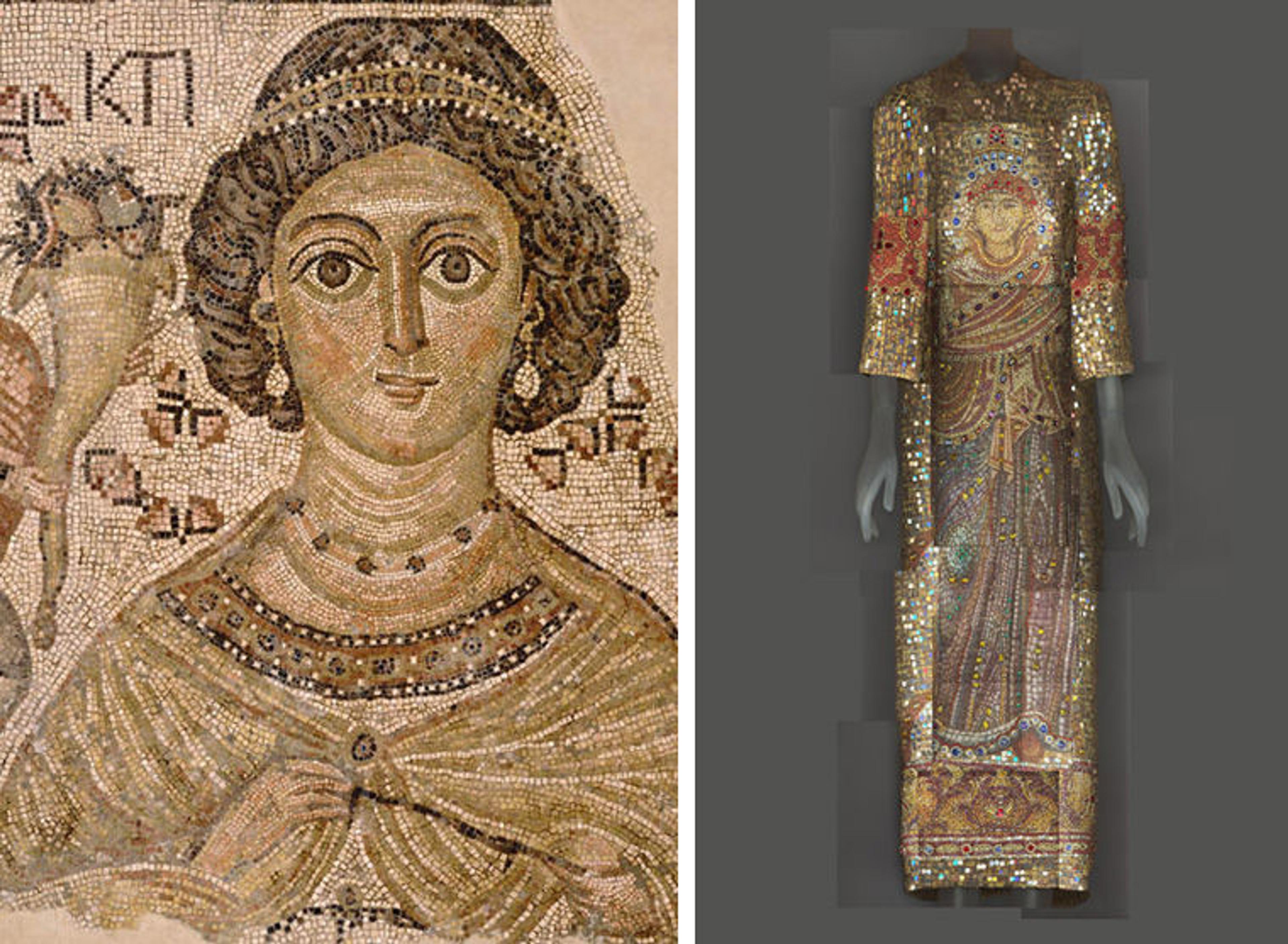 Fragment of a Byzantine floor mosaic displaying a woman's face at left, and a Dolce & Gabbana ensemble featuring a religious mosaic design at right