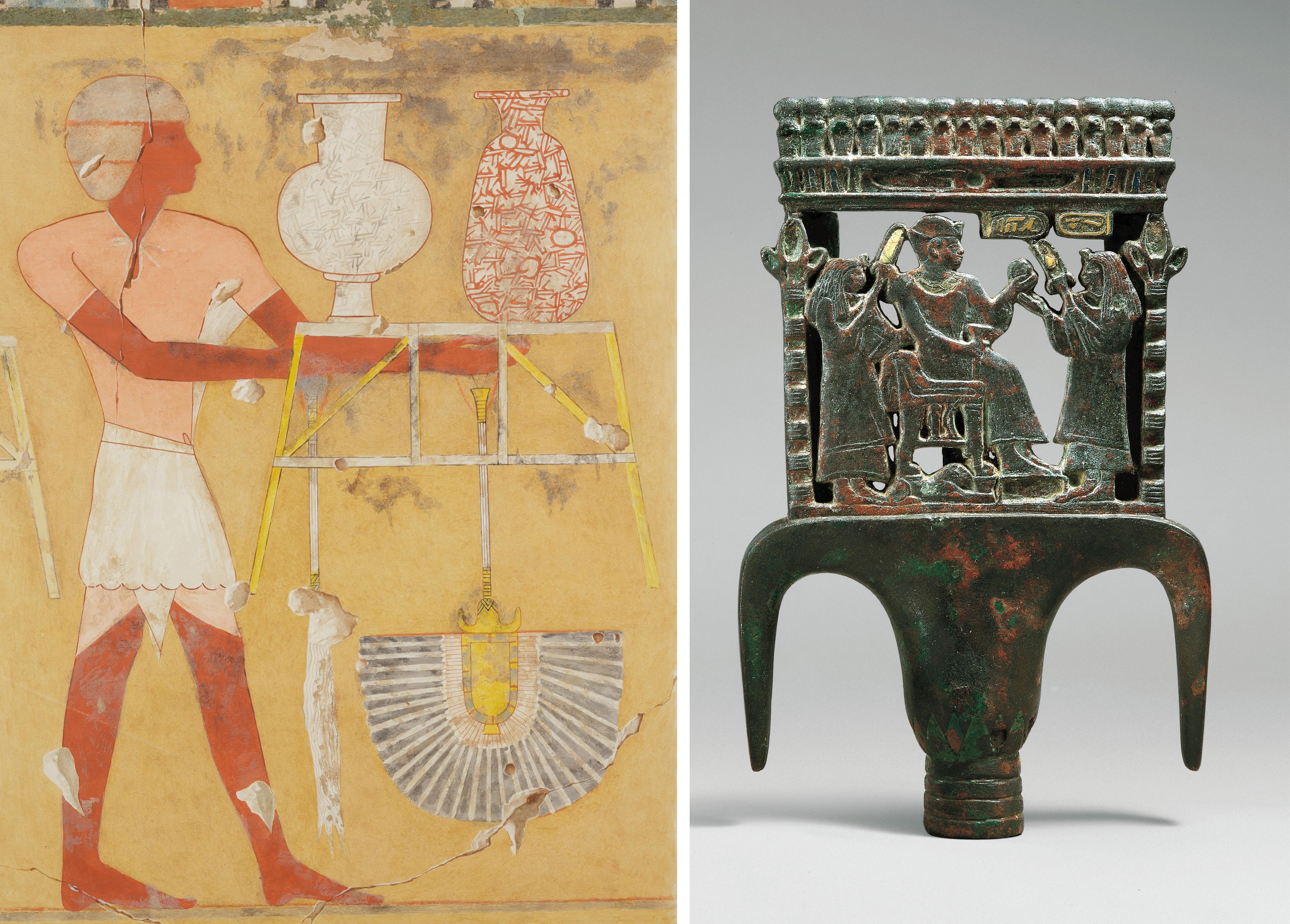 Left: Ancient Egyptian painting of a man with vases, a fan, and a stool, on a light background. Right: Bronze artifact featuring figures under an arch.
