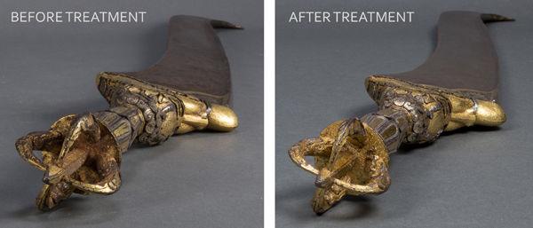 Photos of the knife pommel before conservation treatment (above) and after (below)