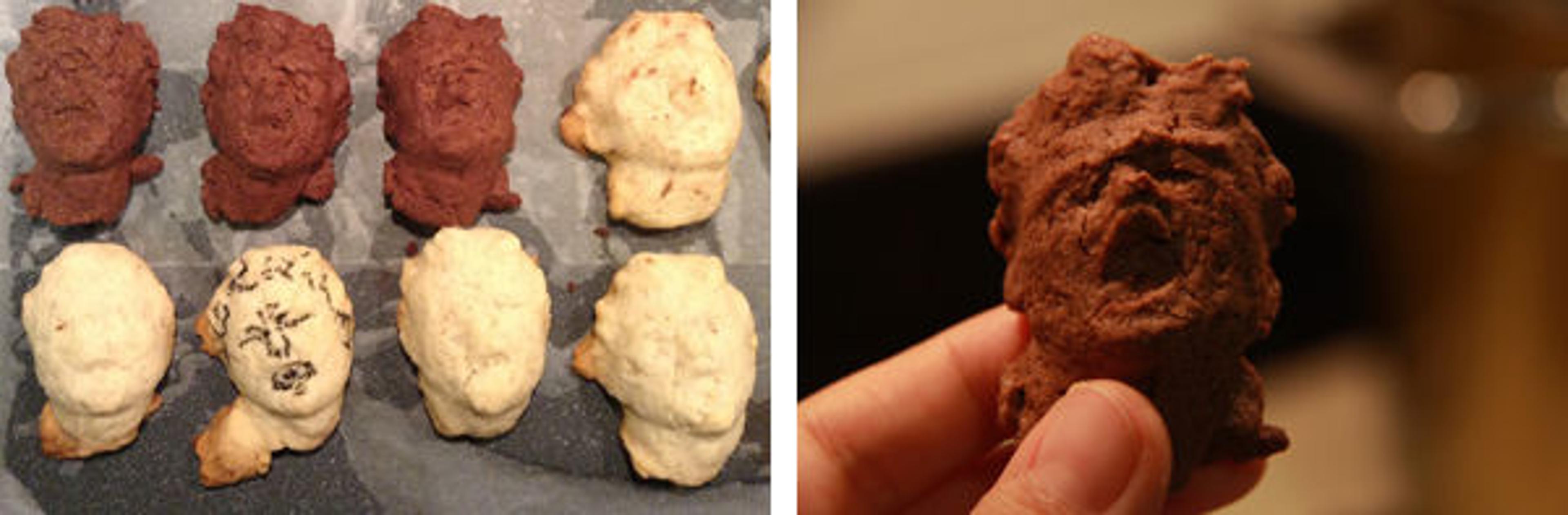 Left: A tray of Marsyus cookie castings. Right: A Marsyus cookie casting close up.