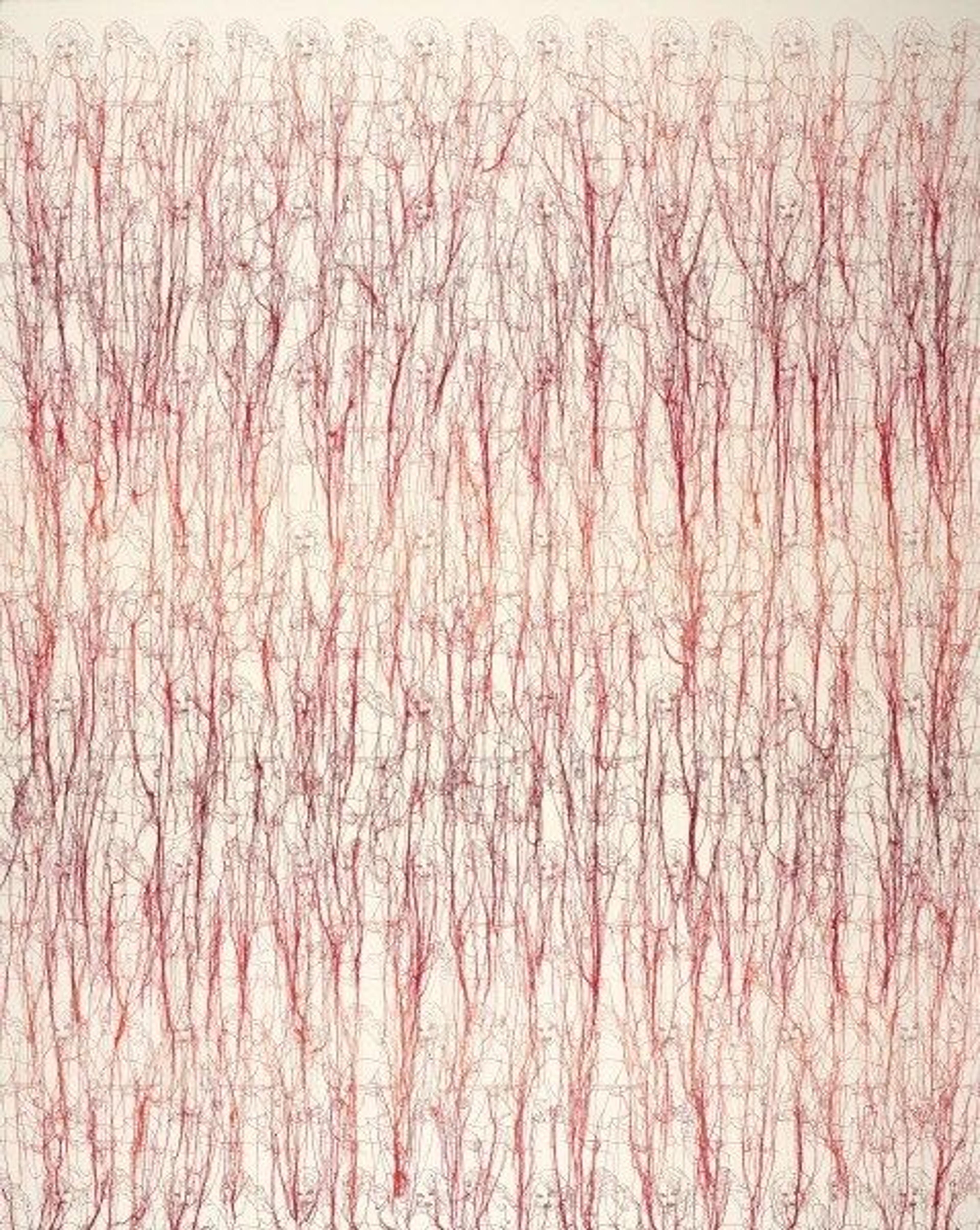 Varying colors of embroidery ranging from read to cream on canvas