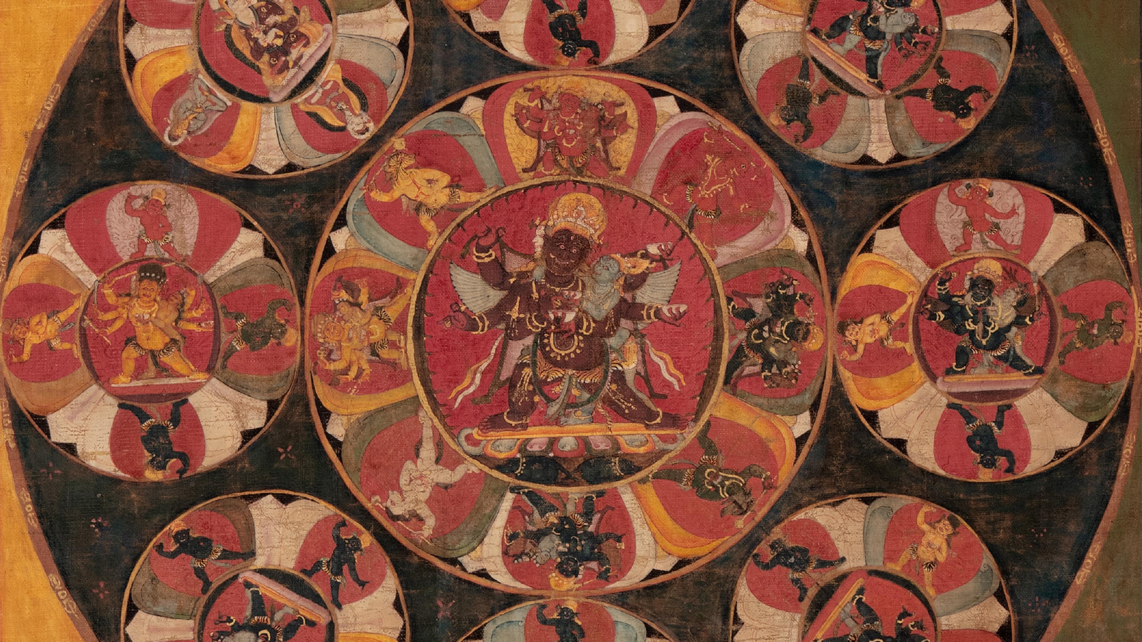 Traditional Buddhist organized in the middle of of a circle surrounded by eight additional circles