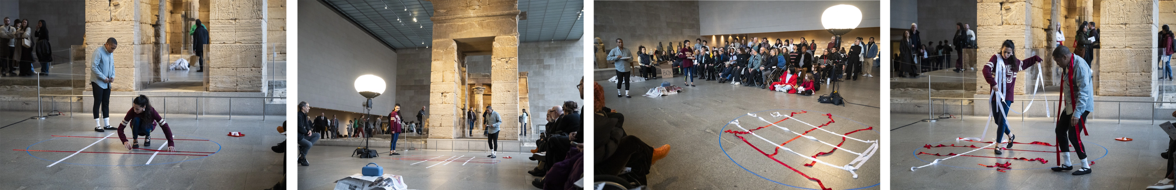 Four photographs documenting a performance by two people arranging white and red ribbons on the floor of a gallery that houses an ancient Egyptian temple.