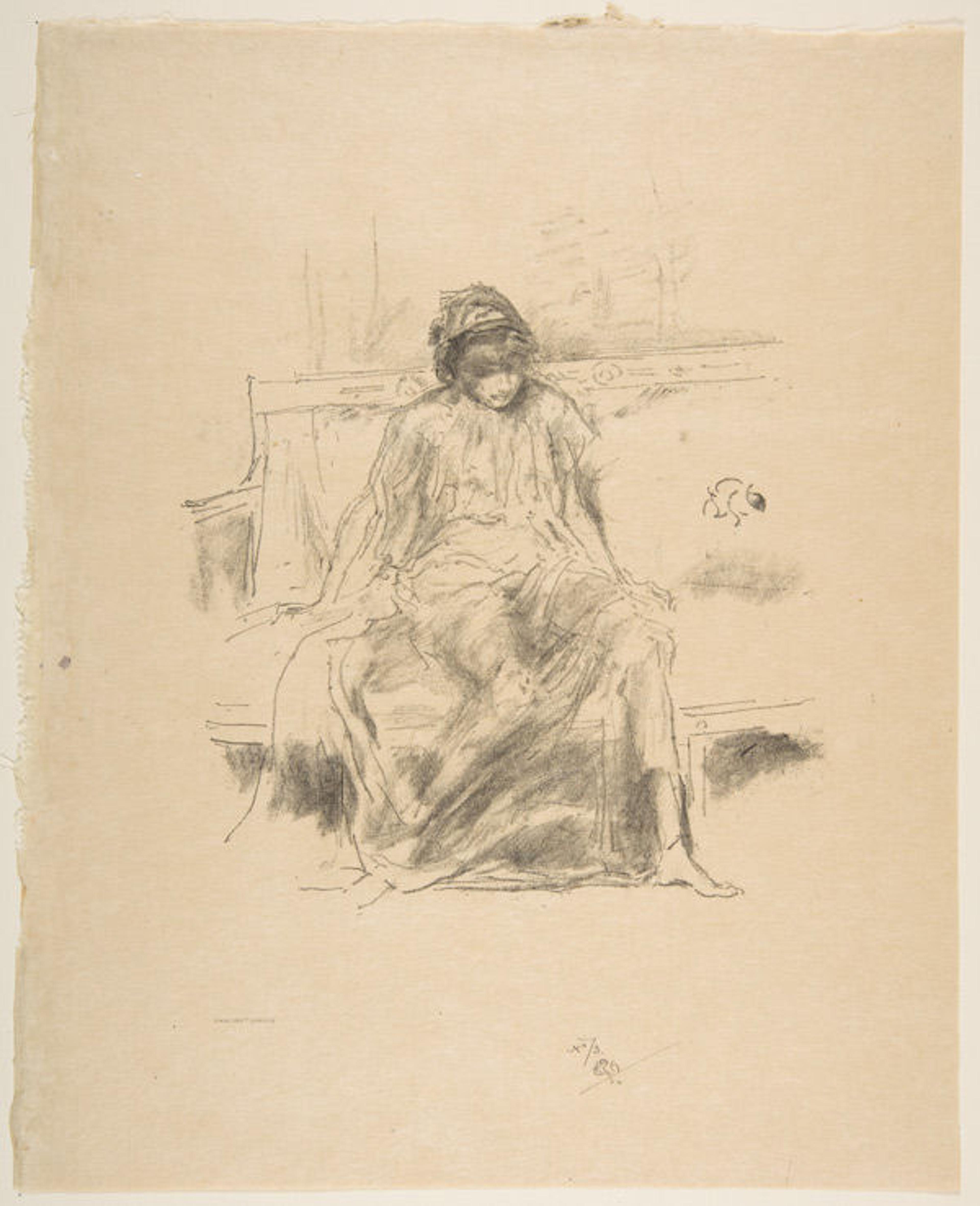 The Draped Figure Seated (from L'Estampe originale, Album IV), October–December 1893. James McNeill Whistler (American, 1834–1903) Printer Thomas Way (British, 1837–1915). Publisher André Marty (French, born 1857). Transfer lithograph with stumping, drawn on fine-grained transfer paper; only state (Chicago); printed in black ink on heavy weight tan laid Japanese vellum; Image: 7 1/4 x 6 3/8 in. (18.4 x 16.2 cm). Sheet: 11 7/16 x 9 1/4 in. (29.1 x 23.5 cm). The Metropolitan Museum of Art, New York, Rogers Fund, 1922 (22.82.1-40)
