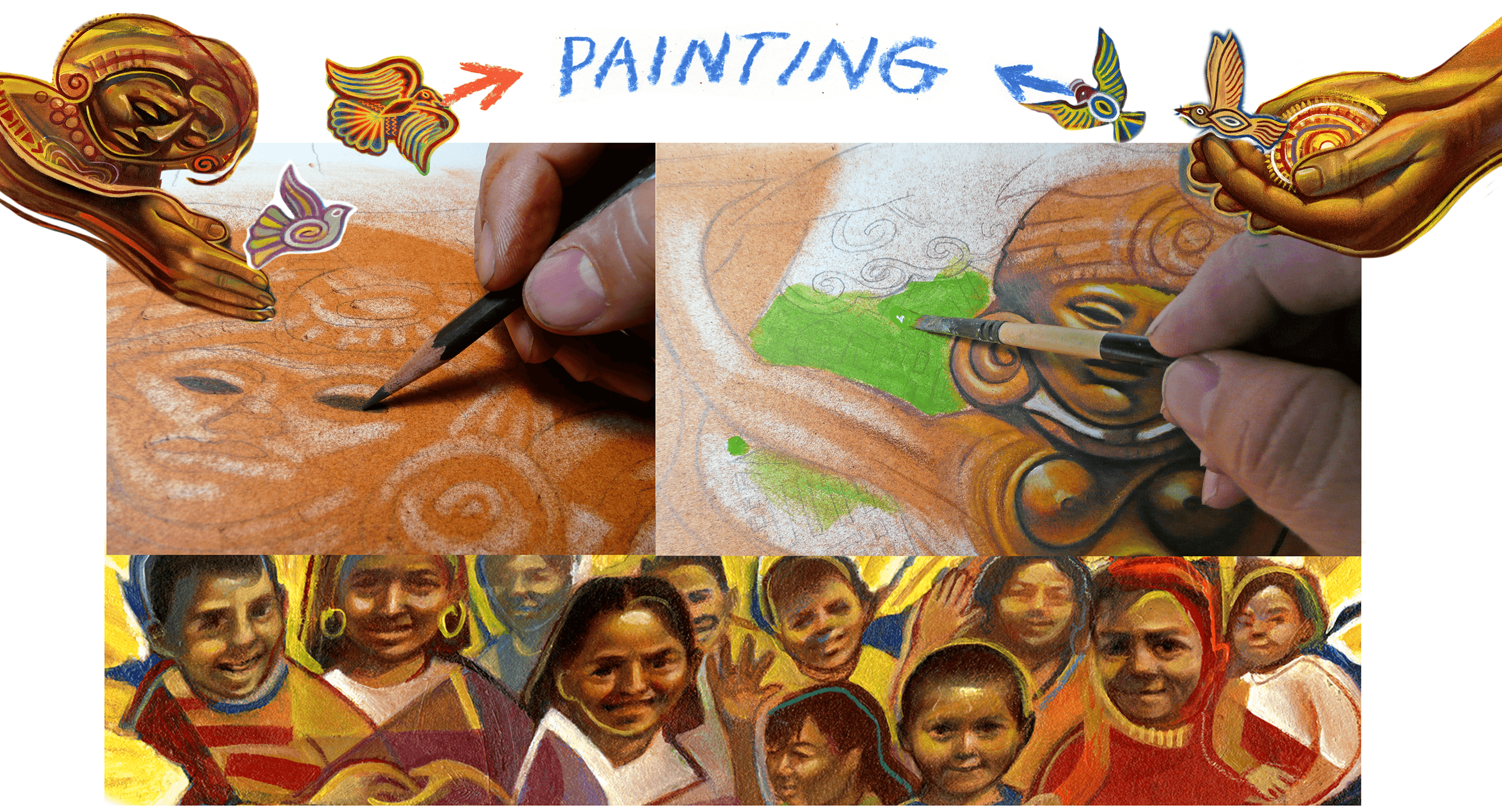 Two close up drawings show a hand filling in the mural sketch with a fine brush. Above the photos, the word "painting" appears in crayon.
