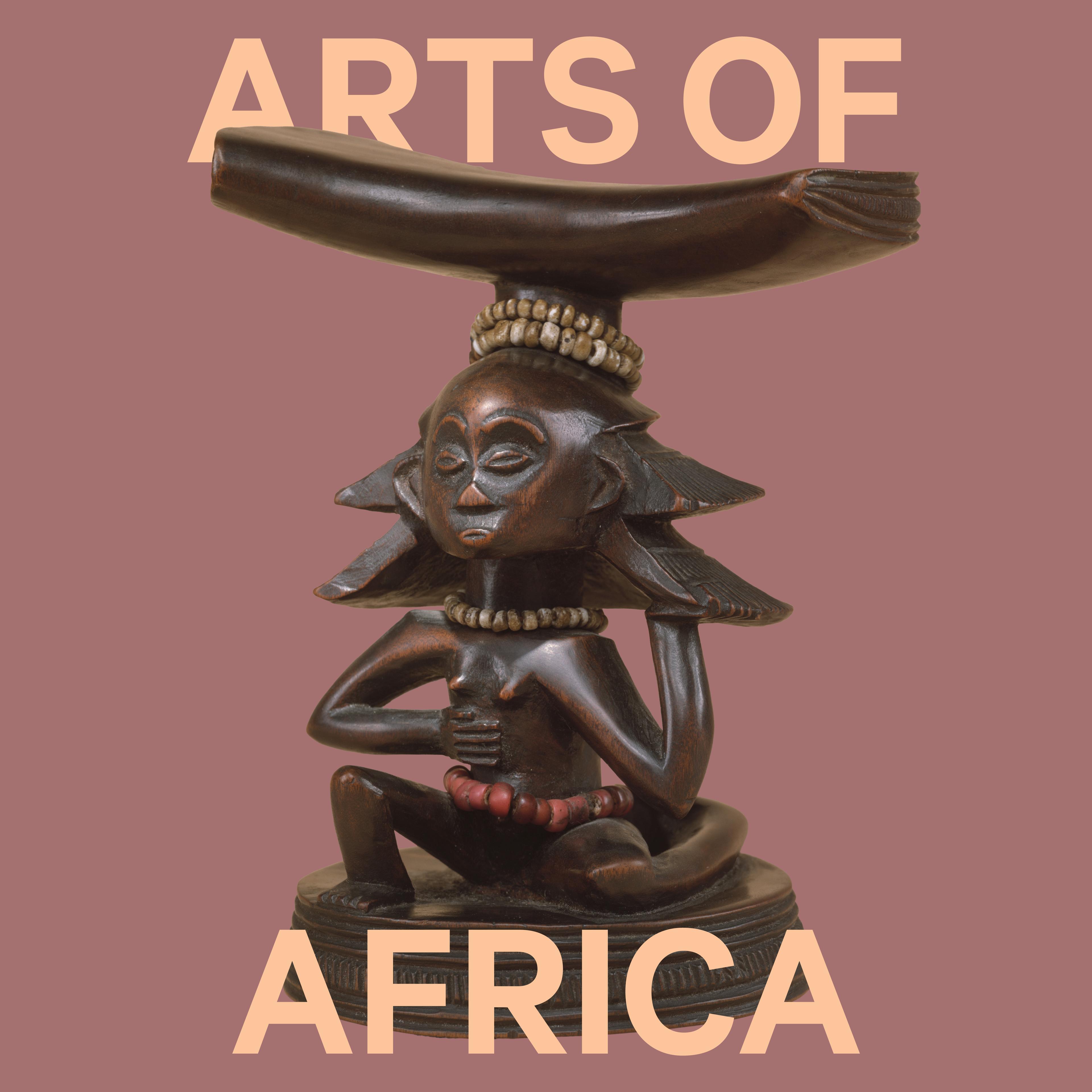 A seated figure carved in dark wood with a stool balanced on its head, beads around the head, neck, and waist, and presented next to the words Arts of Africa with a pink background.