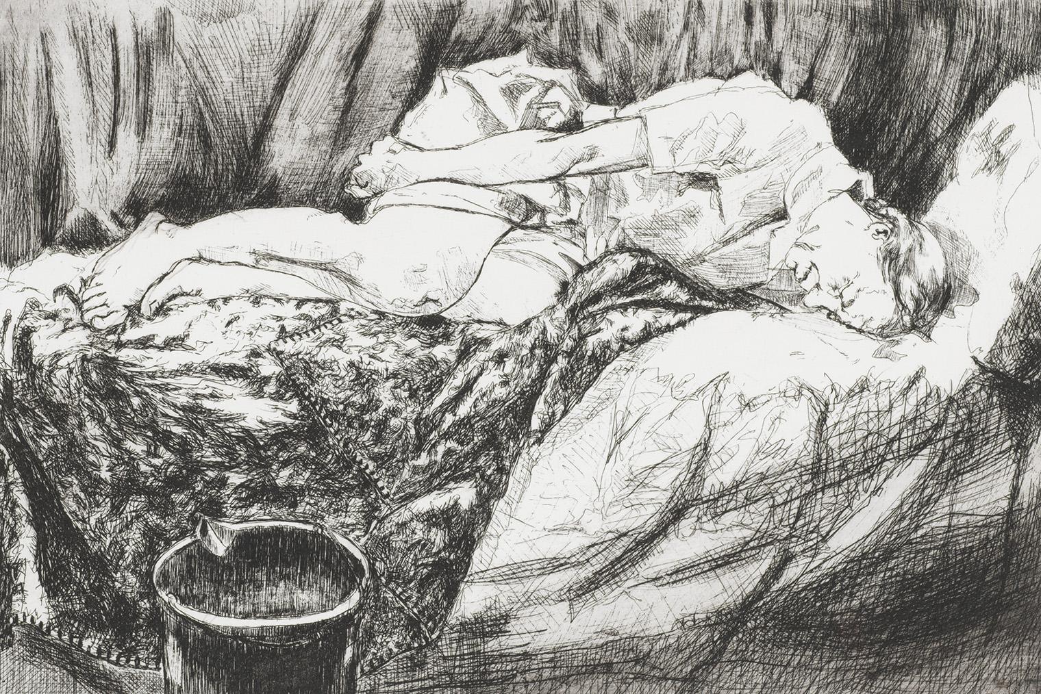 Drawing of man crouching feetle postion on bed.