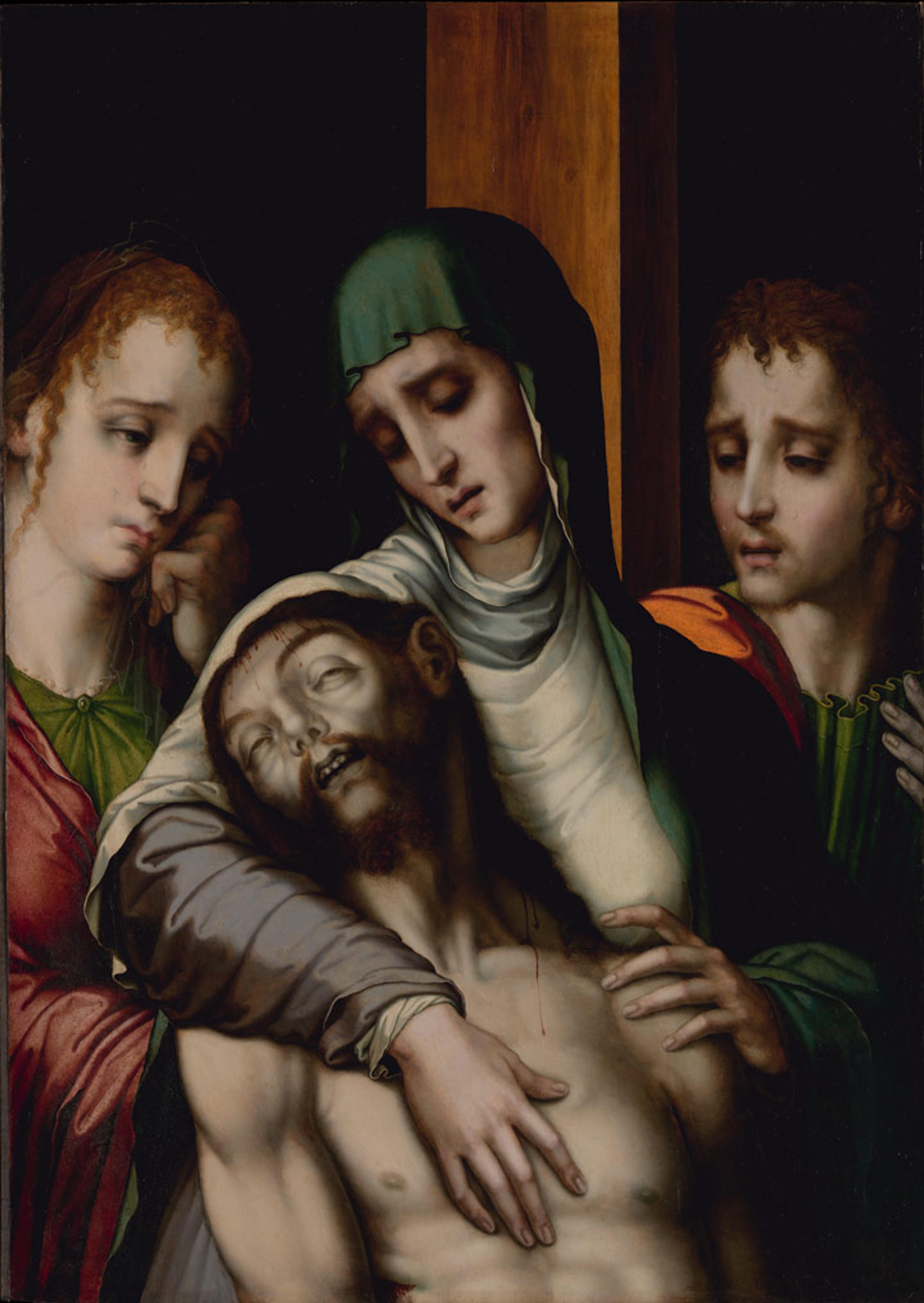 Sixteenth-century painting depicting the Lamentation, with Christ seen laying across the Virgin's body as Mary Magdalen and Saint John look on and weep 