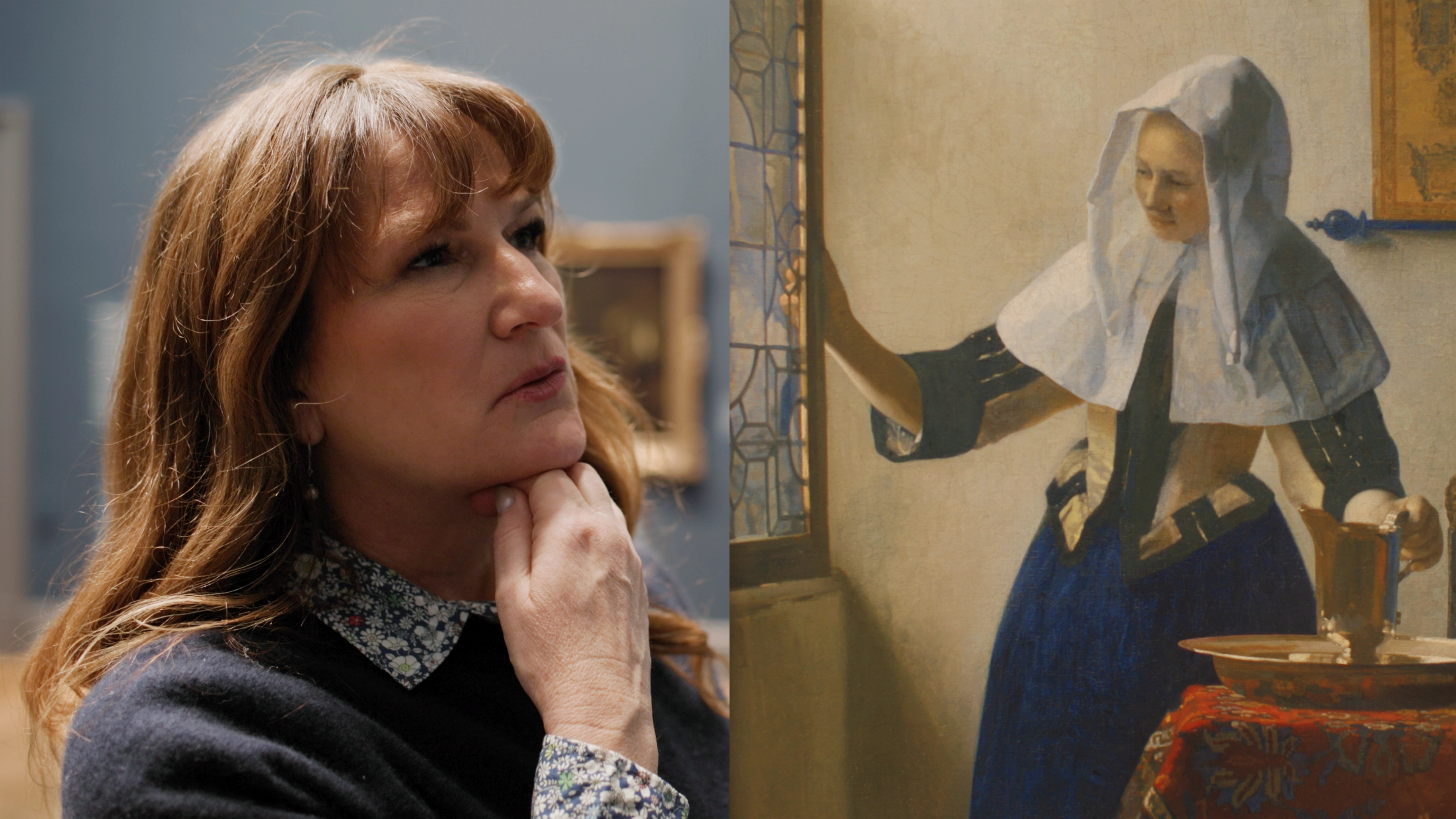 A woman thoughtfully gazes at a painting in a gallery. The painting depicts a lady in a blue skirt and white bonnet pouring liquid by a window.