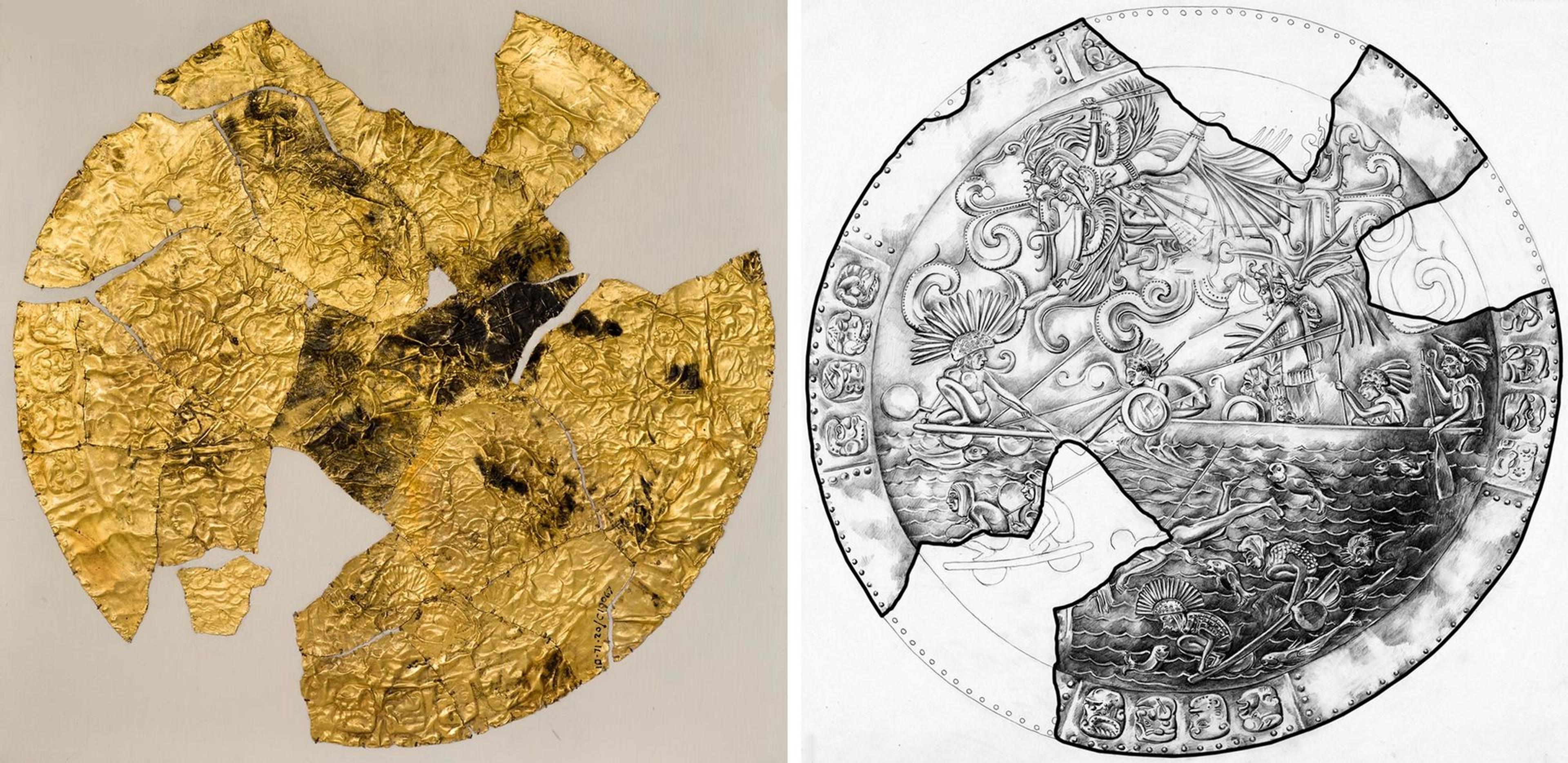 Left: Photo of a fragment of an ornamented disk recovered at the Sacred Cenote at Chichen Itza. Right: Line drawing reconstructing the original form of the disk fragment