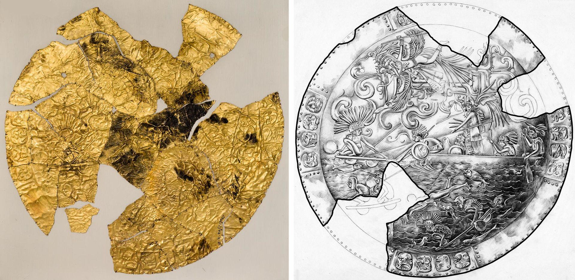 Left: Photo of a fragment of an ornamented disk recovered at the Sacred Cenote at Chichen Itza. Right: Line drawing reconstructing the original form of the disk fragment