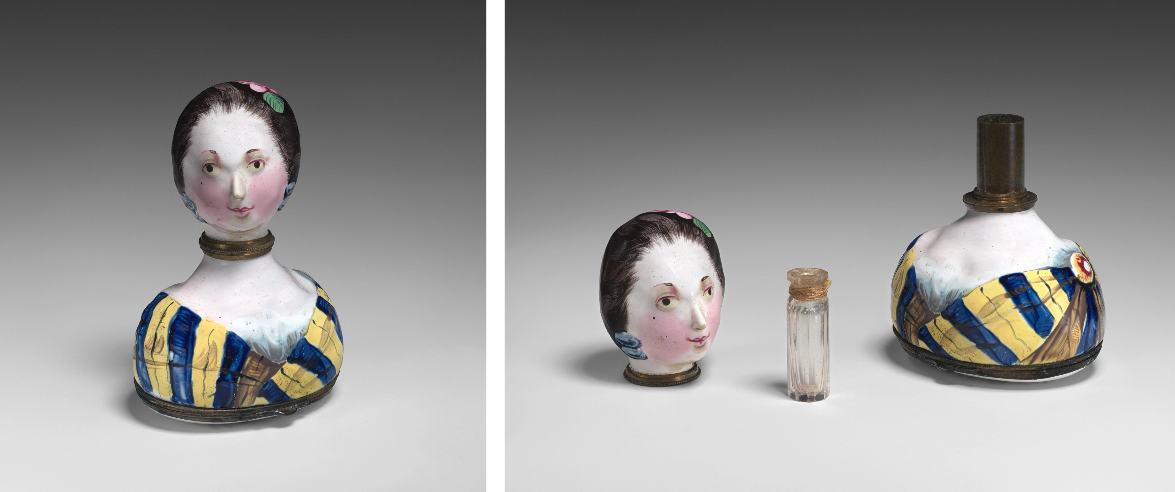At left, a bust of a woman with a hinge at the neck. At right, the bust disassembled, revealing a glass bottle within the neck.