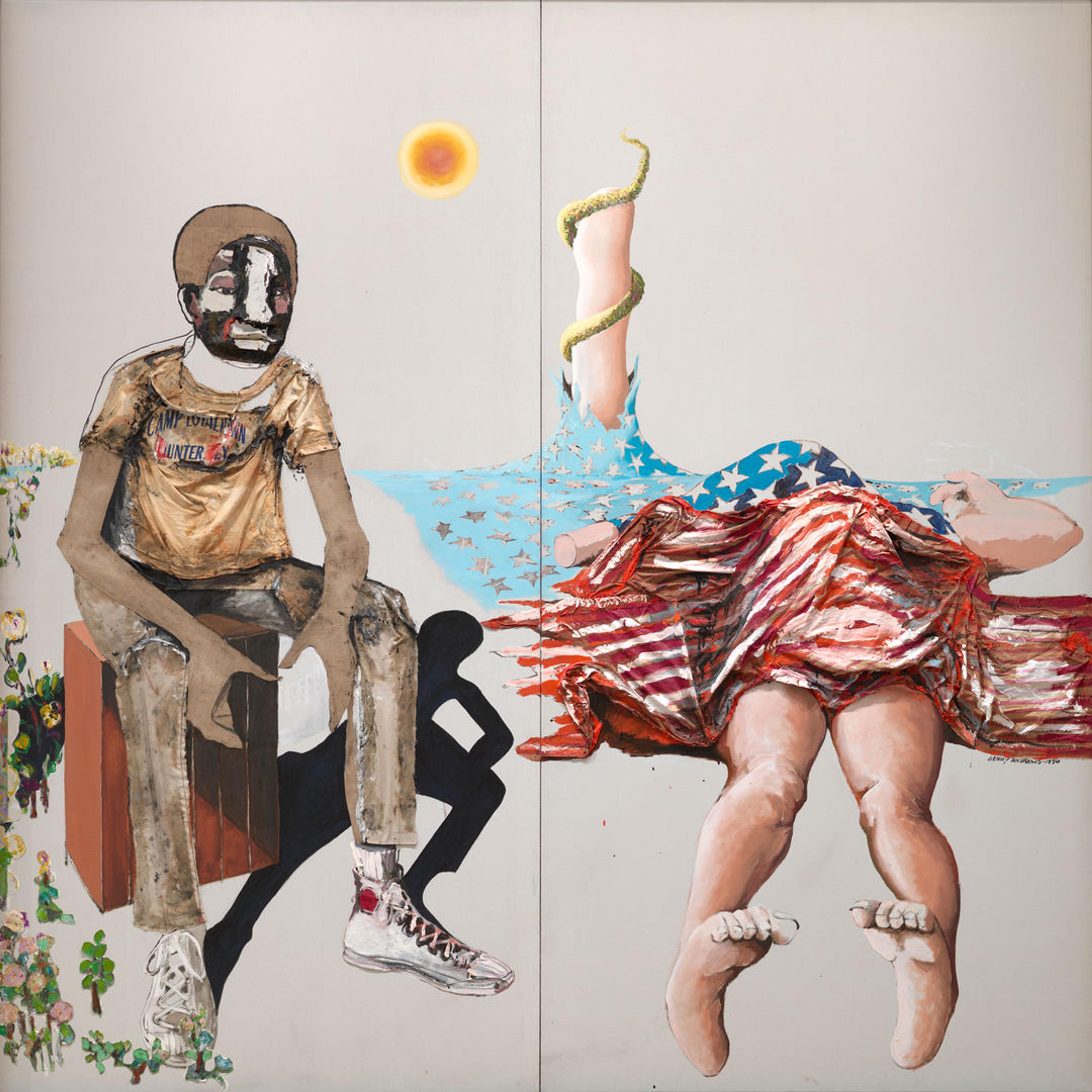 Benny Andrews, No More Games (1970). Oil on canvas with cut-and-pasted primed and raw canvas, T-shirt, garment fragments, and partially painted printed fabrics, two panels. A black boy is loosely rendered sitting on the left while a white body lies covered by the American flag on the right.