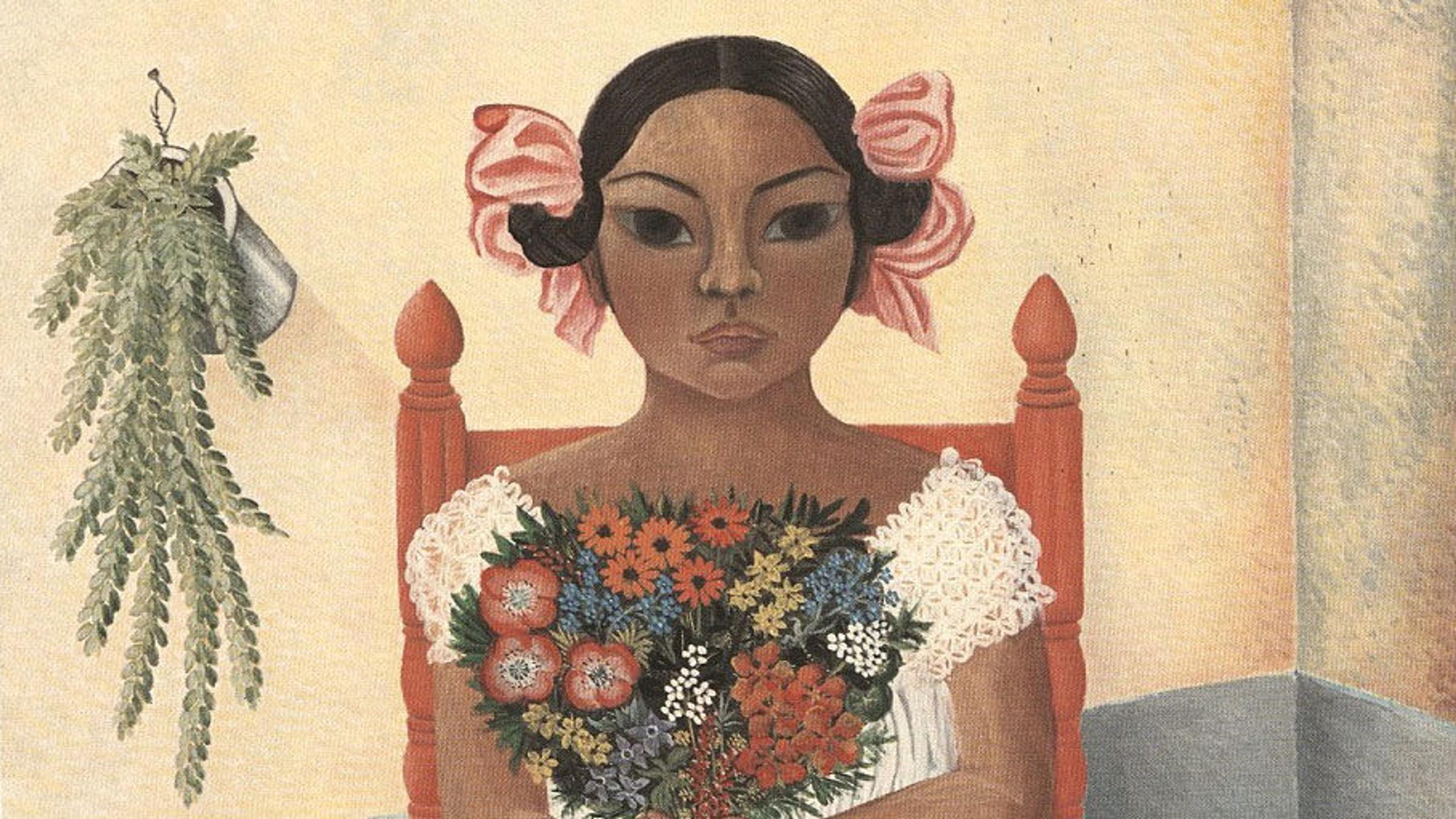 Portrait painting of a seated young woman holding a bouquet of flowers and wearing a white blouse and full blue skirt with white lace edging