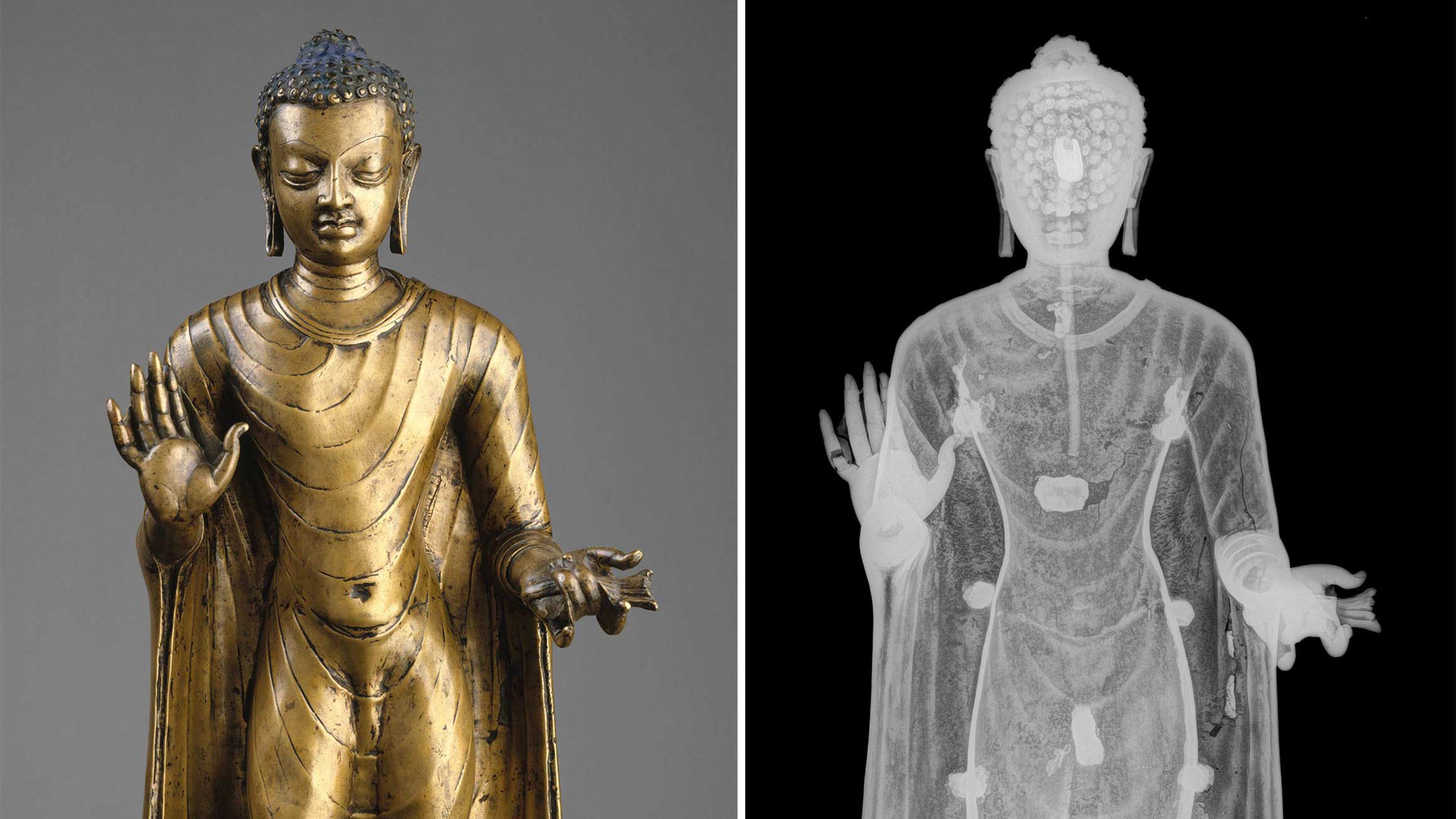 On the left, the bronze statue of Buddha; on the right, an x-ray of the same statue.