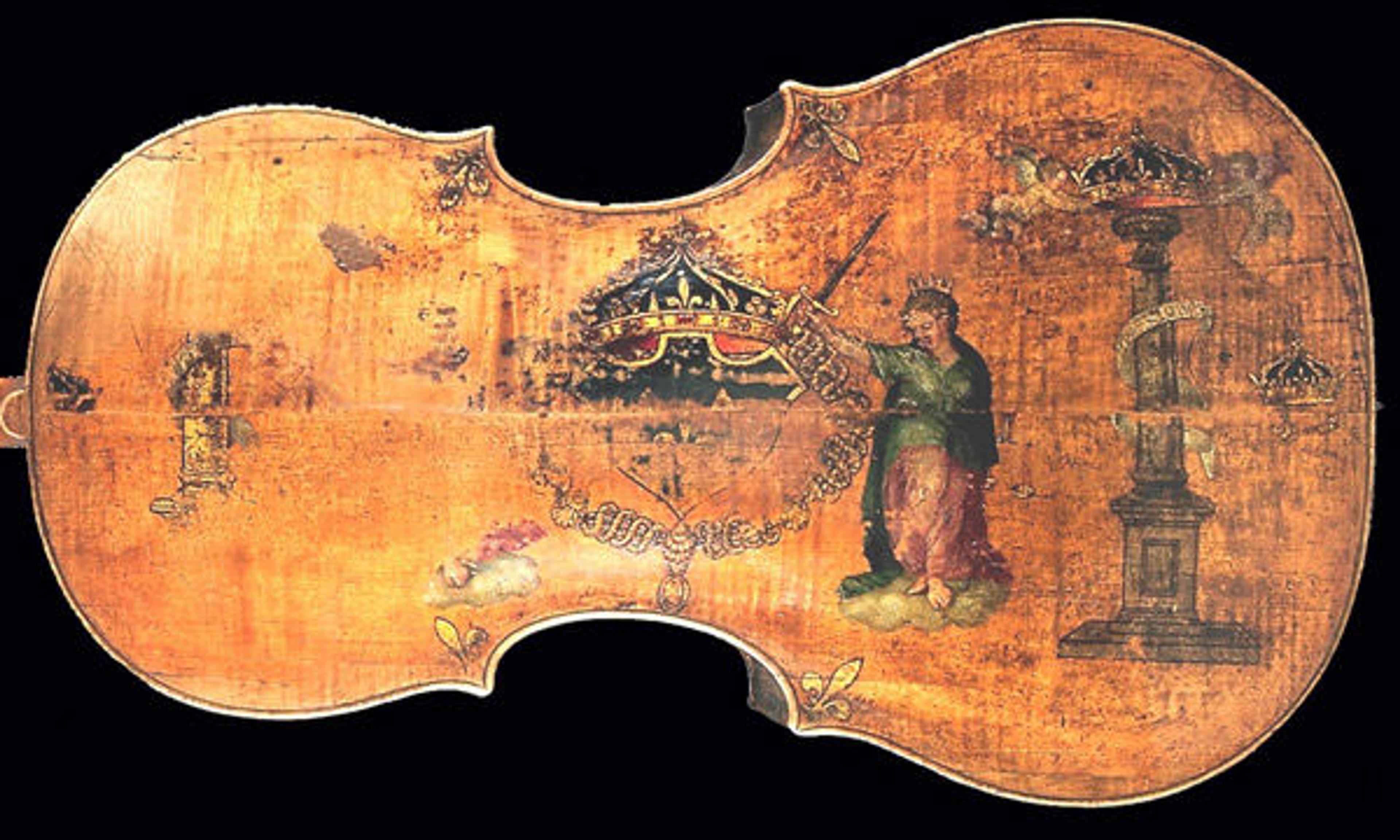 Fig. 1. Andrea Amati (Italian, ca. 1505–1578). Violoncello, "The King" (detail), mid-16th century. National Music Museum, Vermillion, South Dakota, Witten-Rawlins Collection, 1984 (NMM 3351)