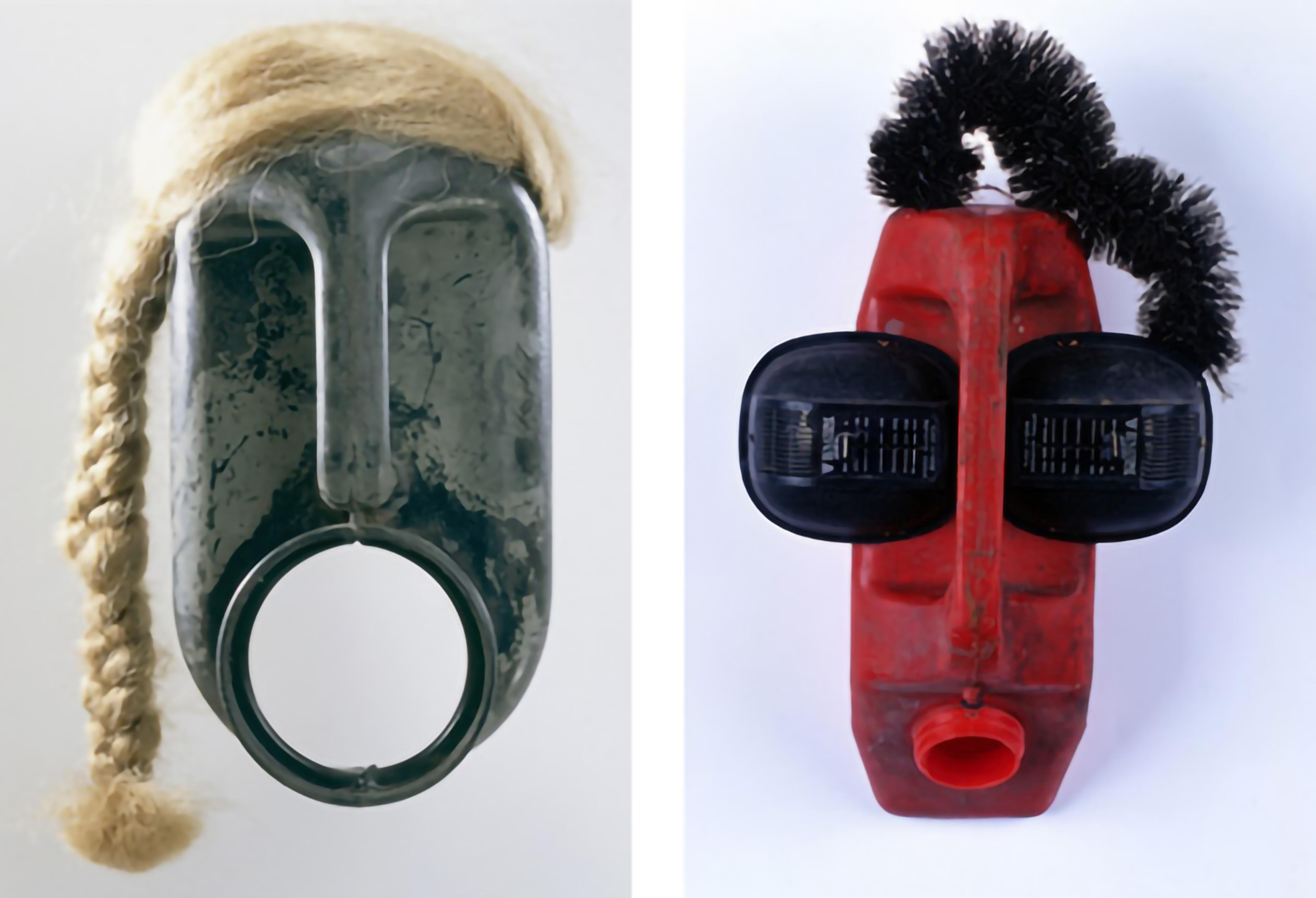 Diptych of two masks. At left, a gray mask with a gaping mouth and a blonde, braided wig. At right, a red mask with large sunglasses and spiky black ponytail